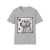 Sport Gray dog t-shirt featuring golden retriever line art with red hearts on a white background with abstract swirl pattern.