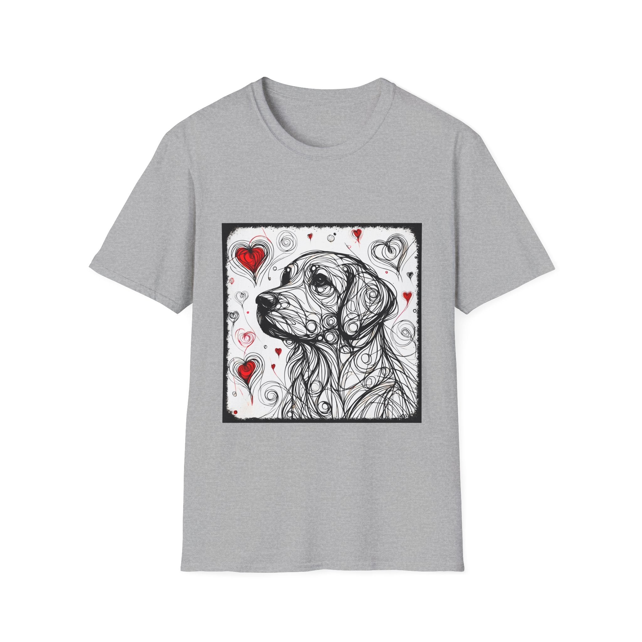 Sport Gray dog t-shirt featuring golden retriever line art with red hearts on a white background with abstract swirl pattern.
