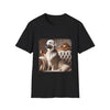 Black dog t-shirt featuring a white golden retriever in a jeweled collar on a gold-trimmed tufted settee.