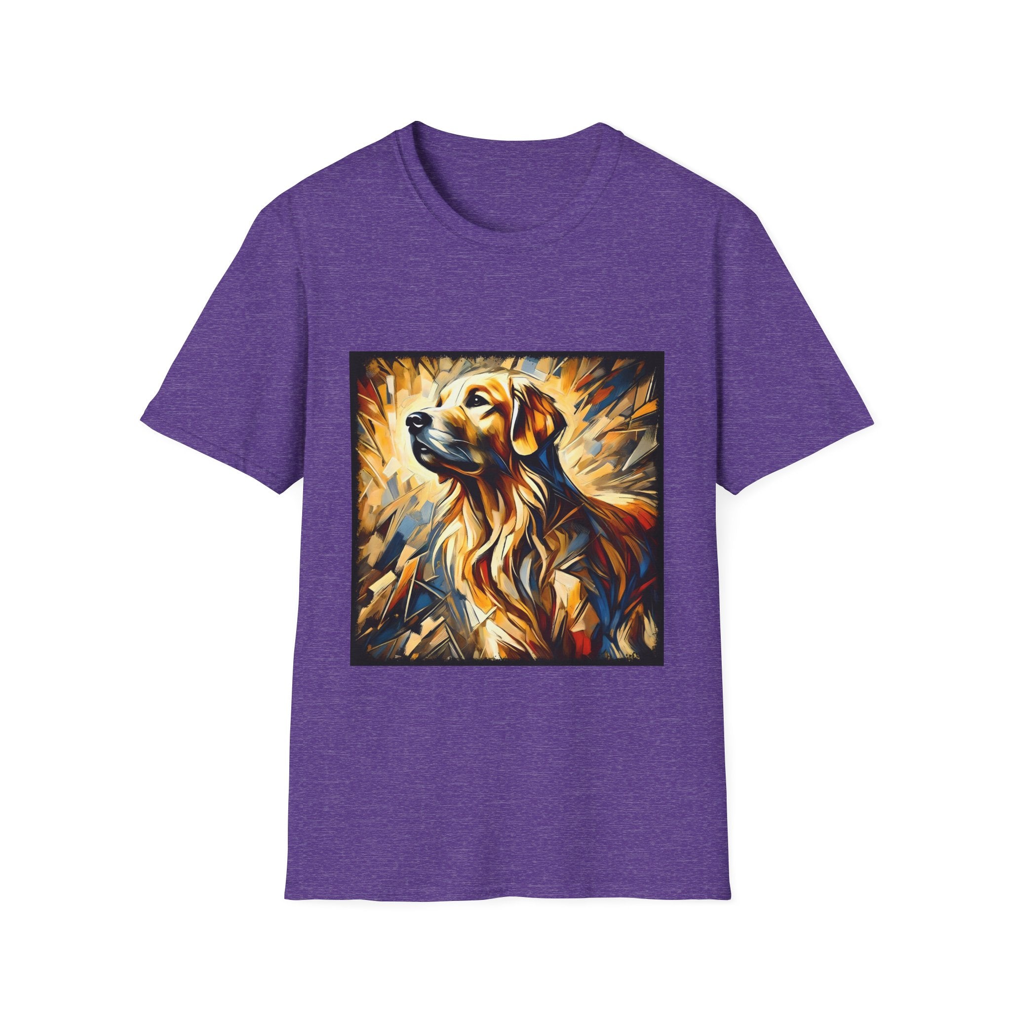 Heather purple dog t-shirt featuring golden retriever portrait with fiery gold, blue, and amber abstract swirls.