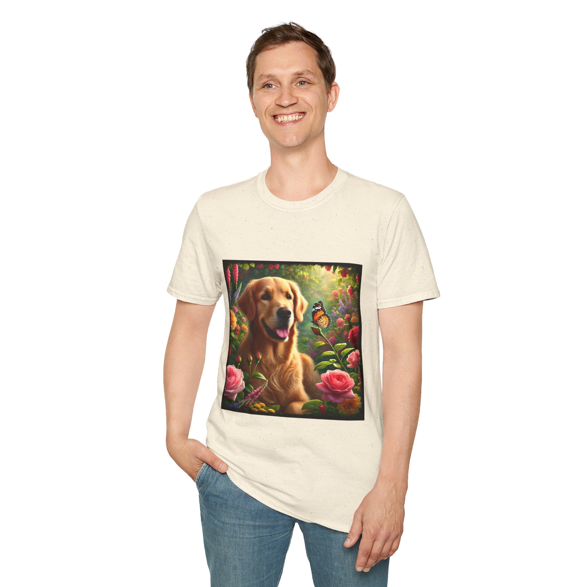 Male model wears natural dog t-shirt featuring a golden retriever in a vibrant garden with roses, wildflowers, and a butterfly.