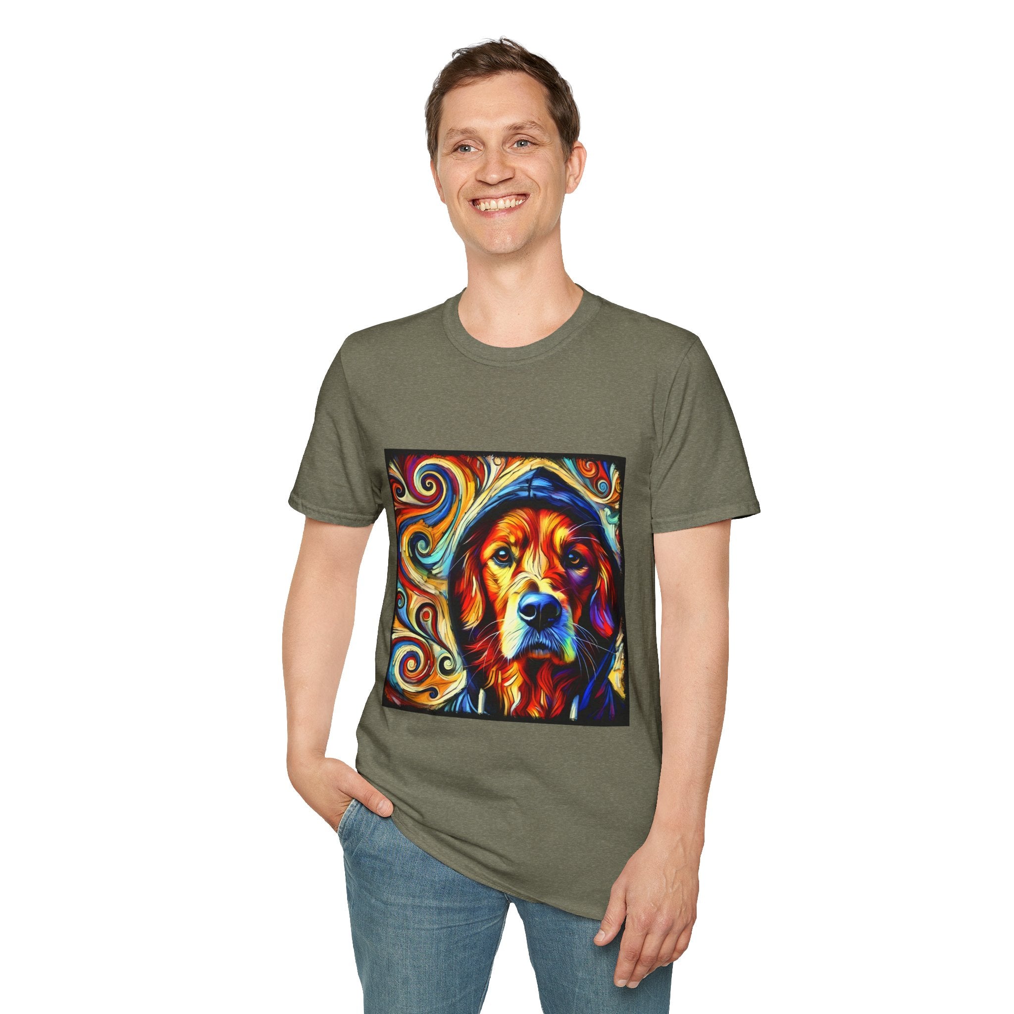 Male model in heather military green dog t-shirt with golden retriever in blue hoodie, bold swirls in red, orange, and teal behind.