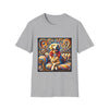 Sport gray dog t-shirt featuring golden retriever with red bow on colorful swirl settee background.