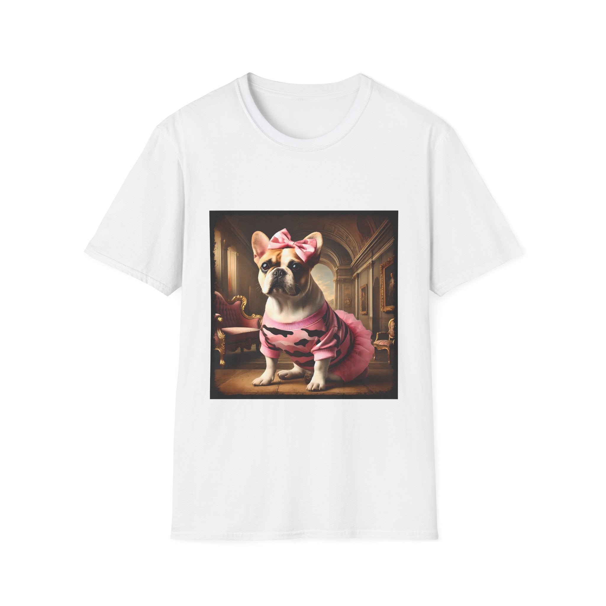 White dog t-shirt featuring fawn and white French Bulldog in pink camouflage dress and bow in ornate hallway scene.