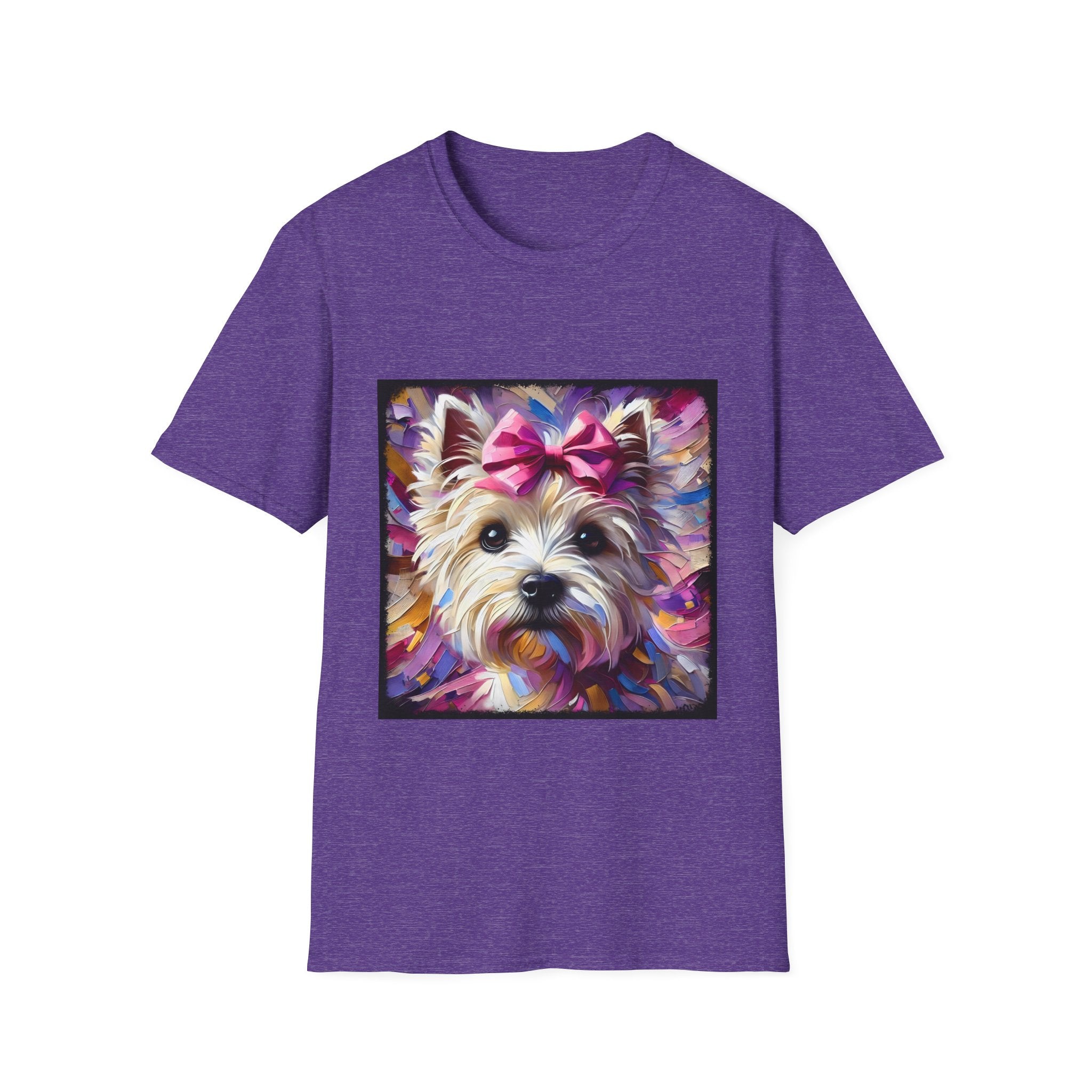 Heather purple dog t-shirt with Westie face, pink bow, and bold brushstroke colors in purple, pink, and gold.