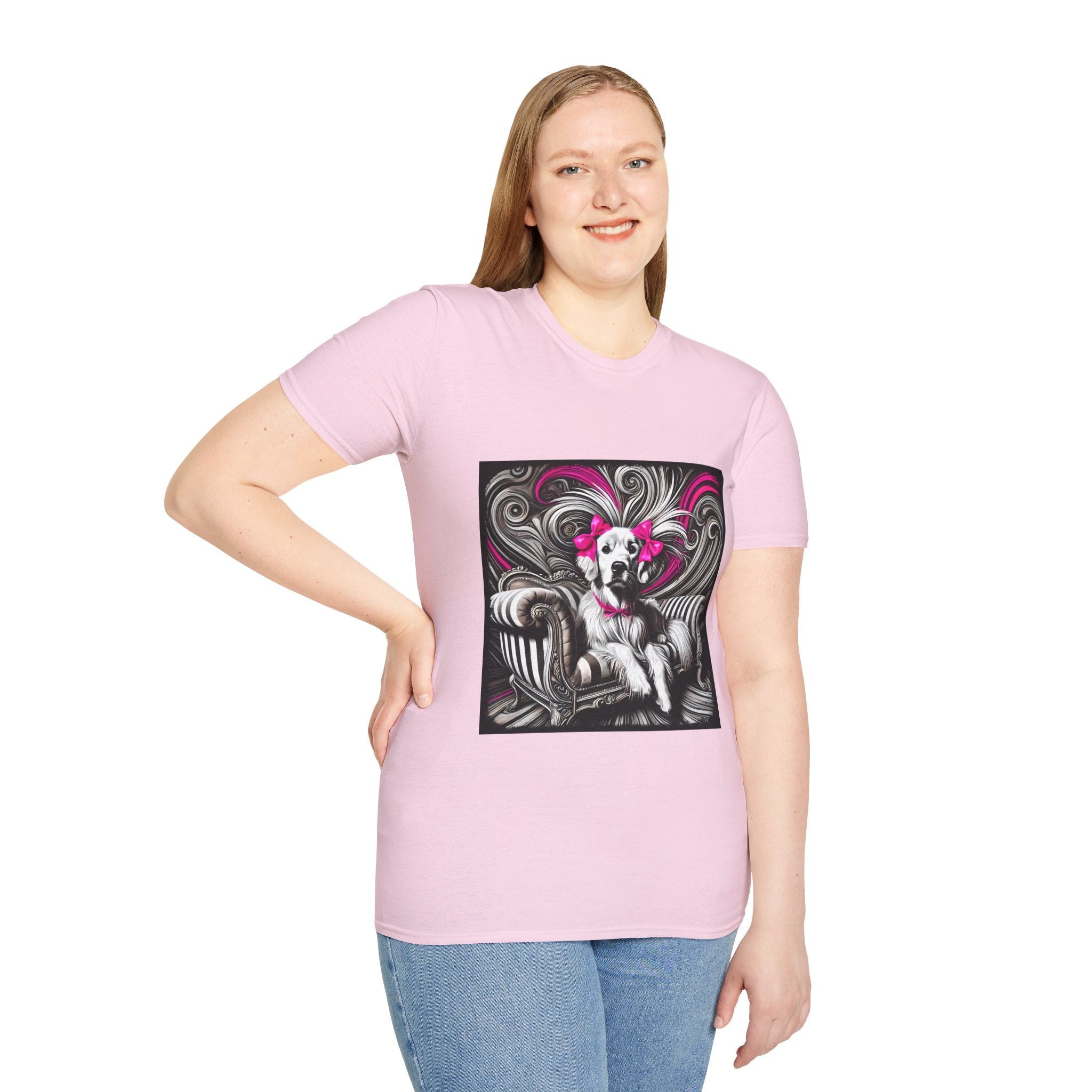 Female model in light pink dog t-shirt featuring black-and-white art of retriever with pink bows and swirling accents.