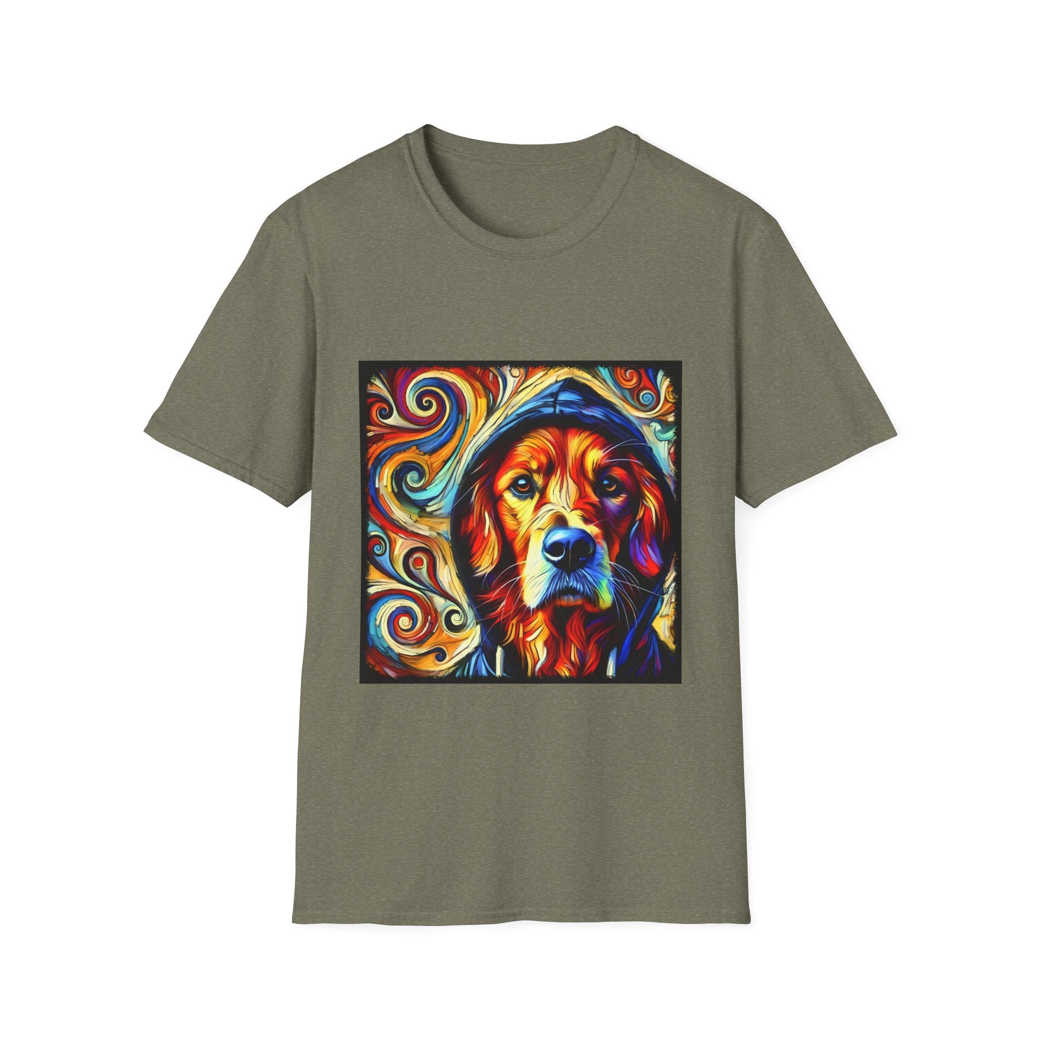 Heather military green dog t-shirt with golden retriever in blue hoodie, bold swirls in red, orange, and teal behind.