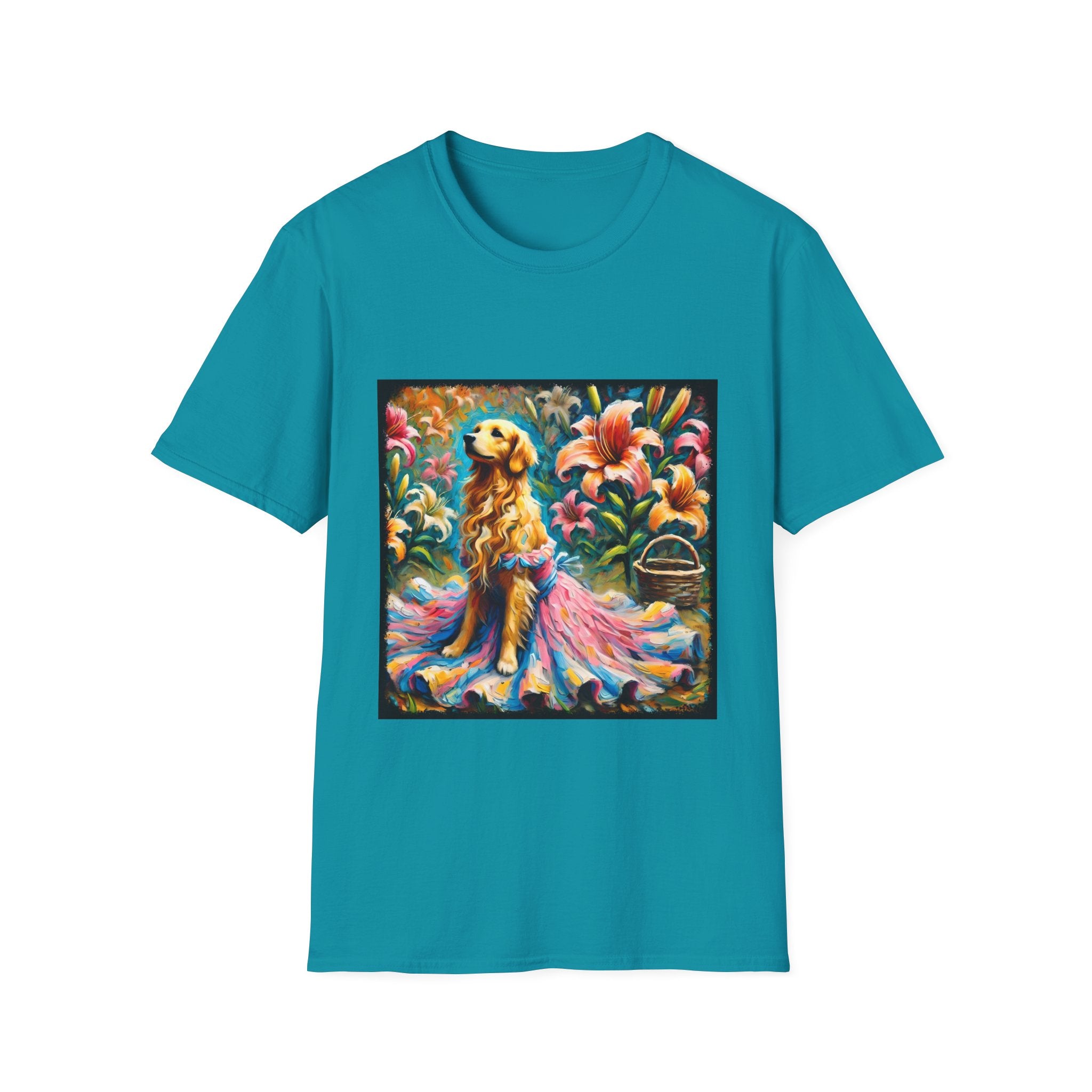 Tropical blue dog t-shirt featuring golden retriever in pink-and-purple gown surrounded by vibrant tropical flowers.