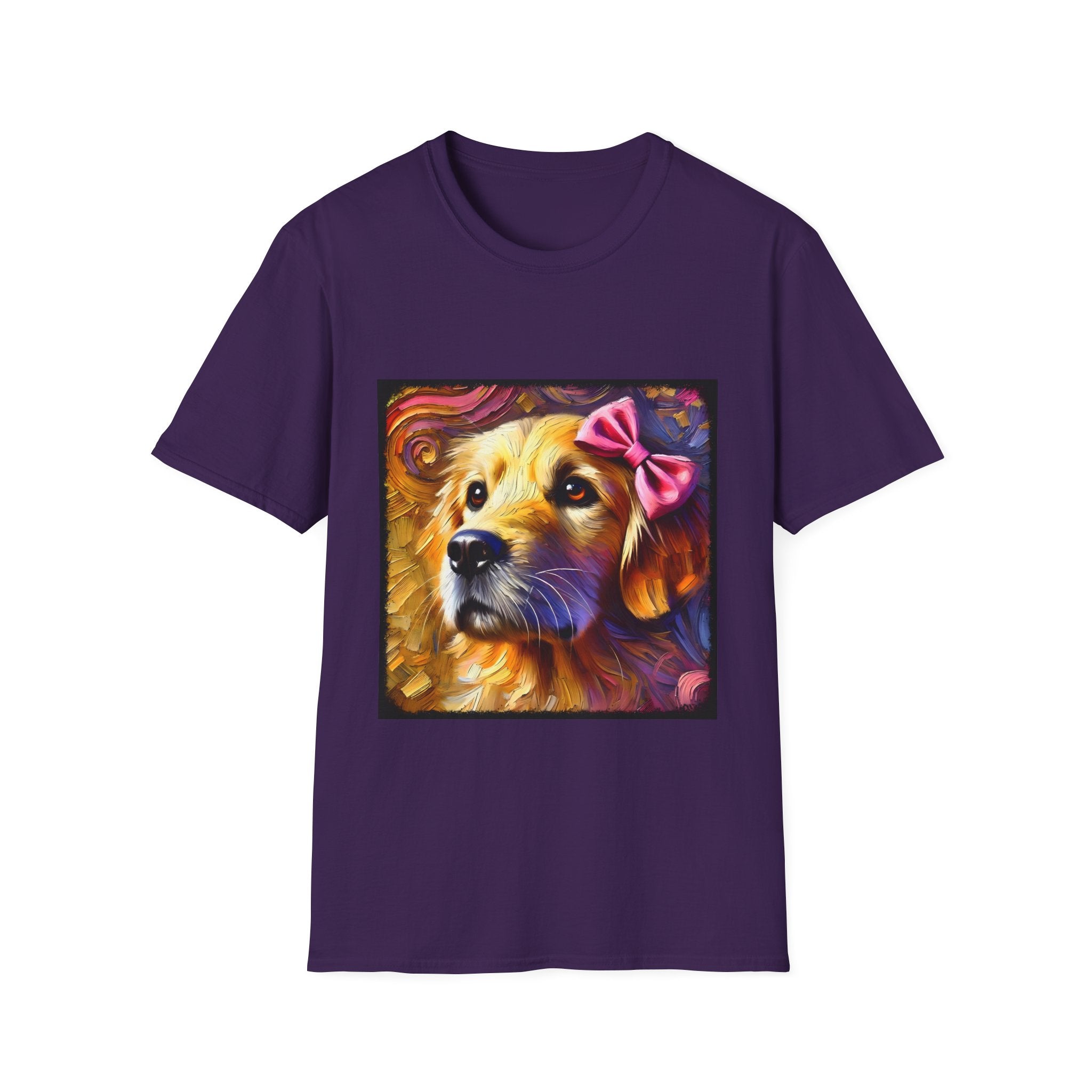 Purple dog t-shirt featuring golden retriever with pink bow on head, set against vivid painterly swirls.