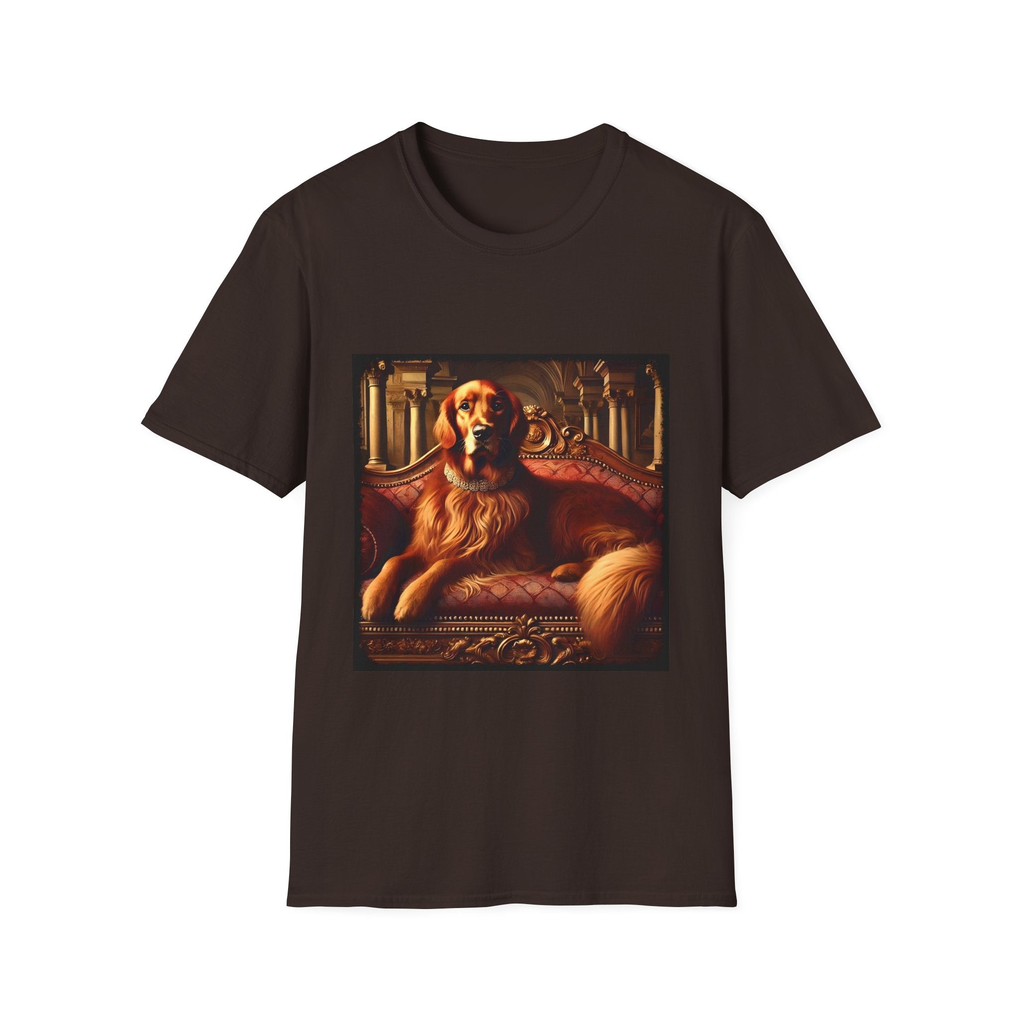Dark chocolate dog t-shirt with golden retriever on red settee, pearl collar, and regal columned backdrop.