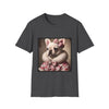 Charcoal dog t-shirt featuring cream French Bulldog in pink bow and fur coat, styled in soft vintage portrait.