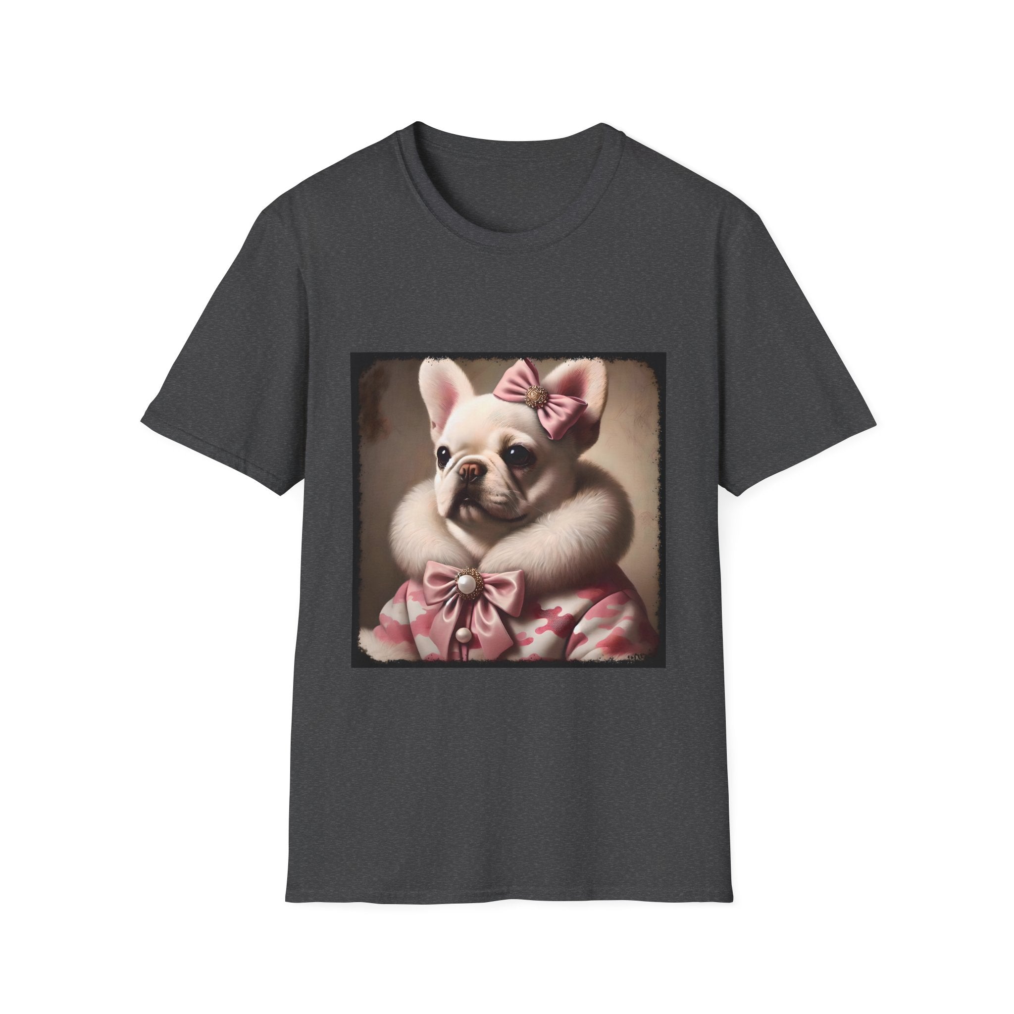 Charcoal dog t-shirt featuring cream French Bulldog in pink bow and fur coat, styled in soft vintage portrait.