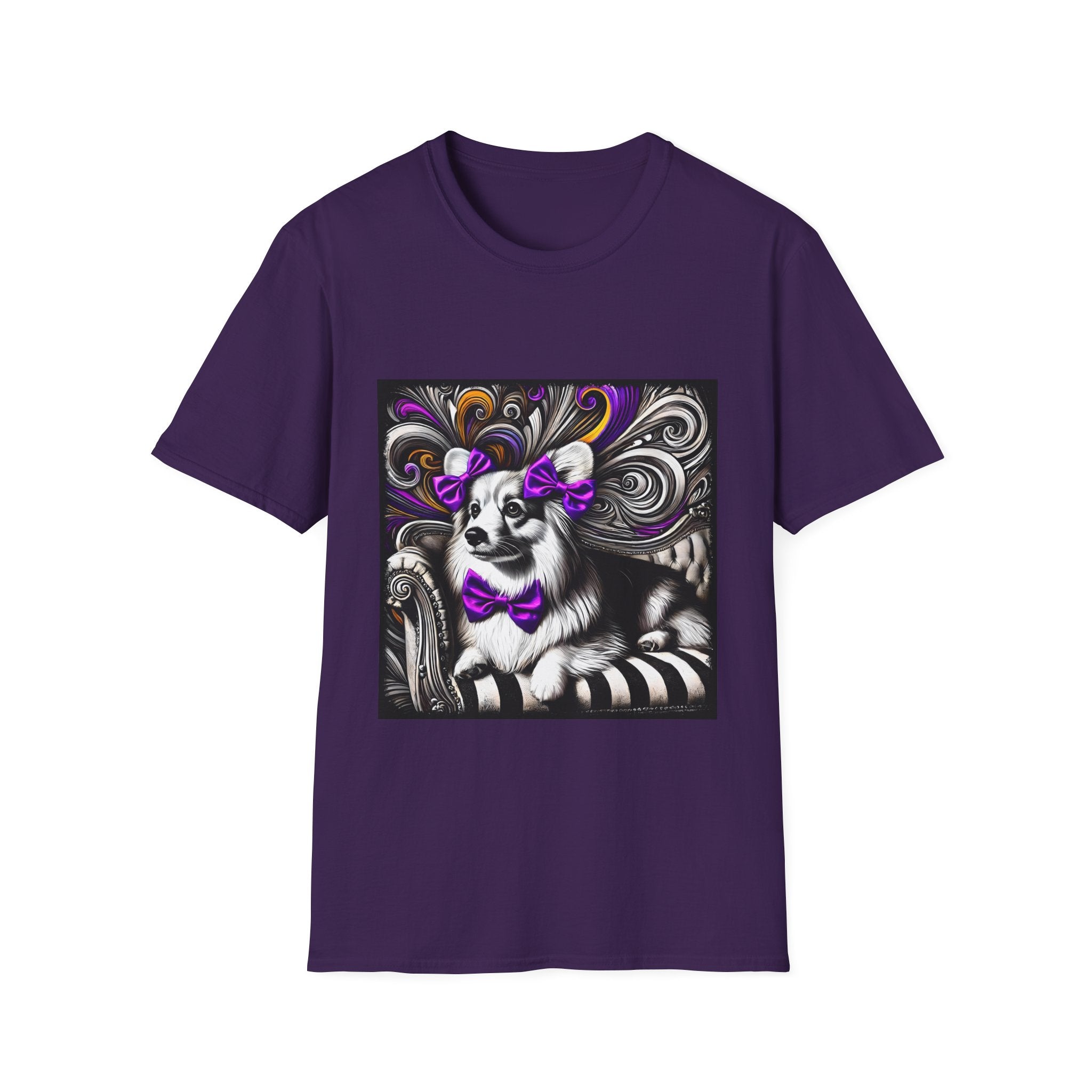 Pembroke Welsh Corgi B&W Purple Bow | Unisex Dog T-Shirt