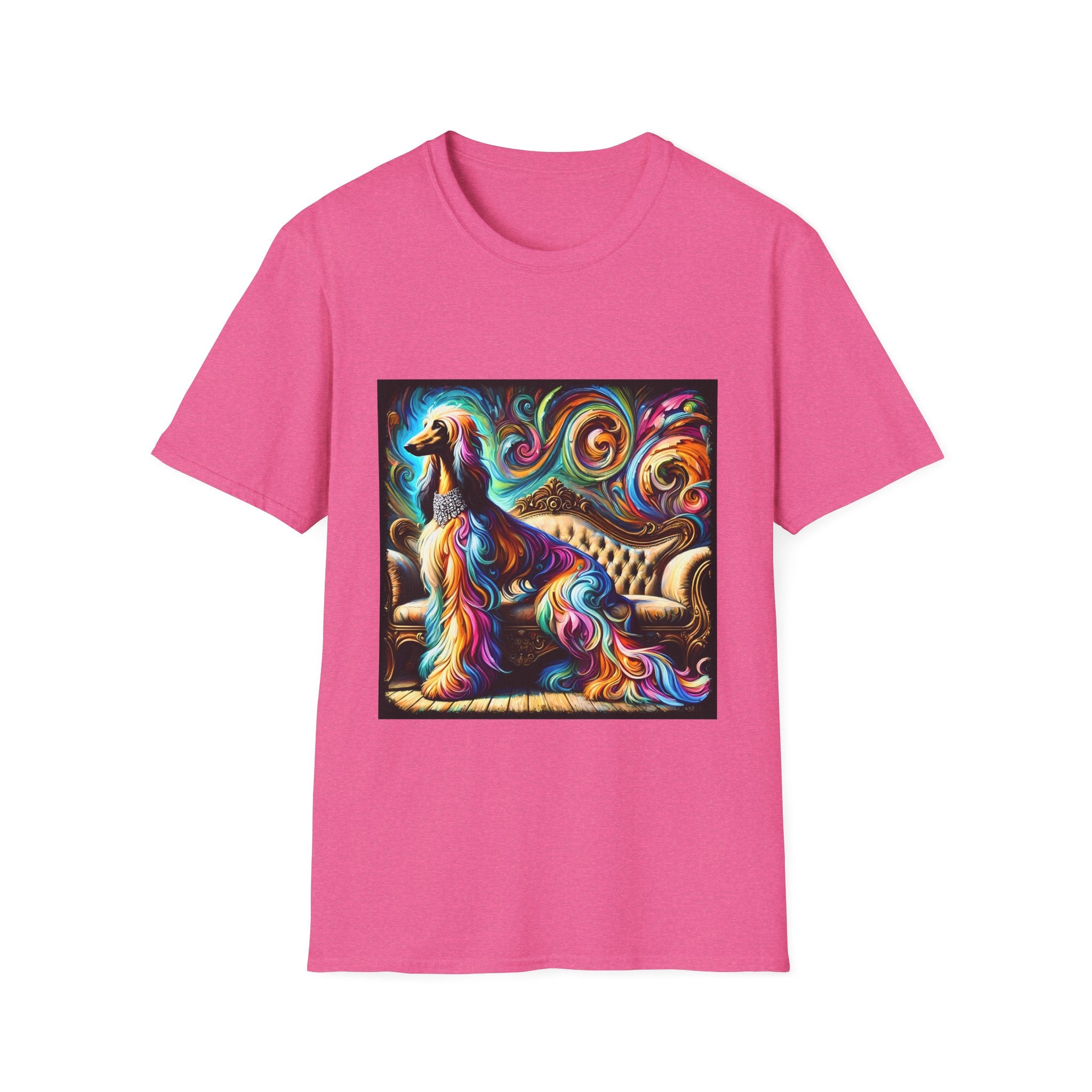 front view of bright pink dog t-shirt of Afghan Hound dog sitting before ornate settee, colorful swirling fur and vivid abstract background.