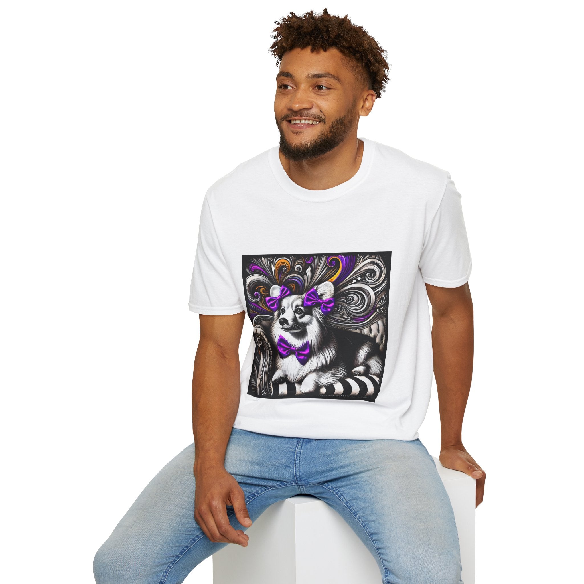 Pembroke Welsh Corgi B&W Purple Bow | Unisex Dog T-Shirt