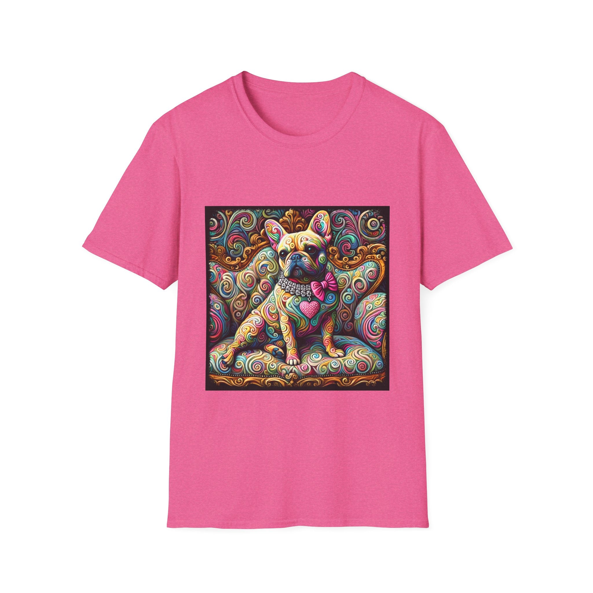 Bright pink dog t-shirt featuring a tan French Bulldog with pink bow and heart on a vivid rainbow swirl couch.