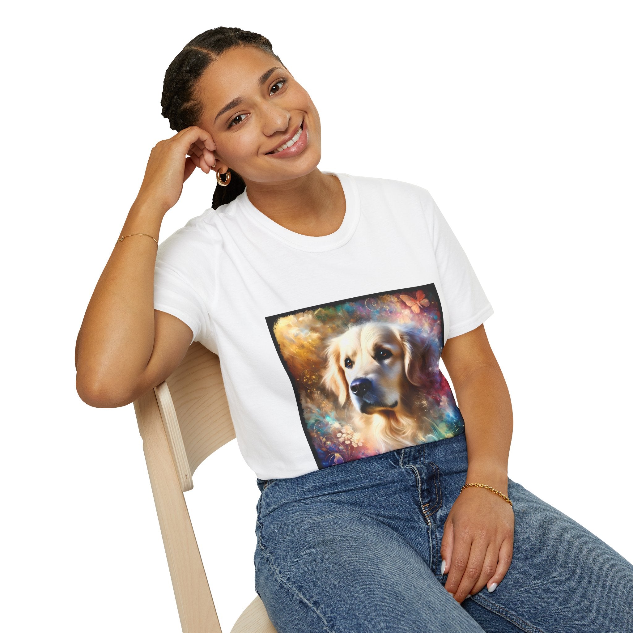 Female model in white dog t-shirt with golden retriever portrait, soft fur, butterflies, and dreamy pastel colors.