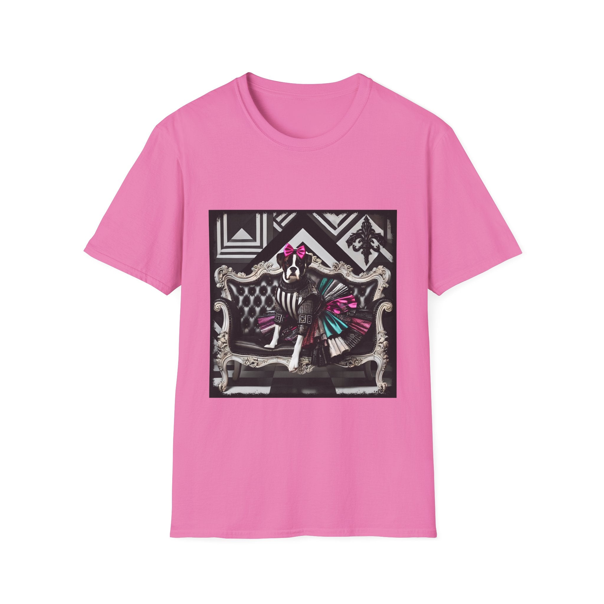 Pink dog t-shirt with black and white boxer in pink bow and varsity dress in pleated skirt, bold geometric black backdrop.
