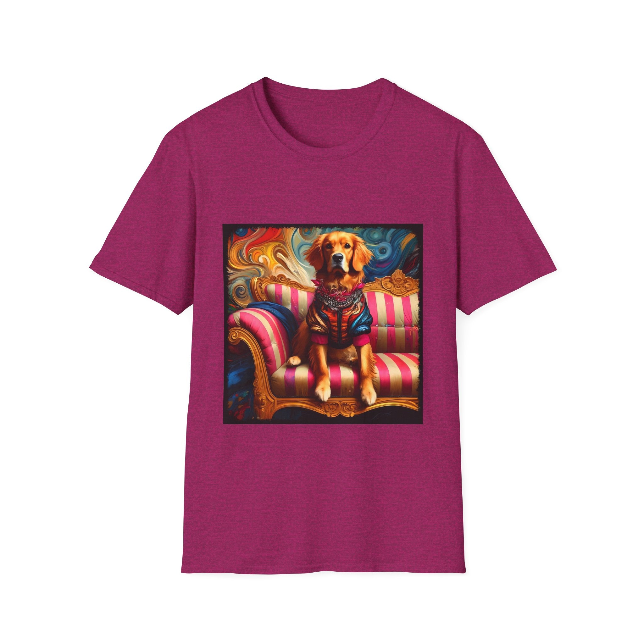 Heather berry dog t-shirt with golden retriever in regal jacket on pink striped settee, swirled backdrop.