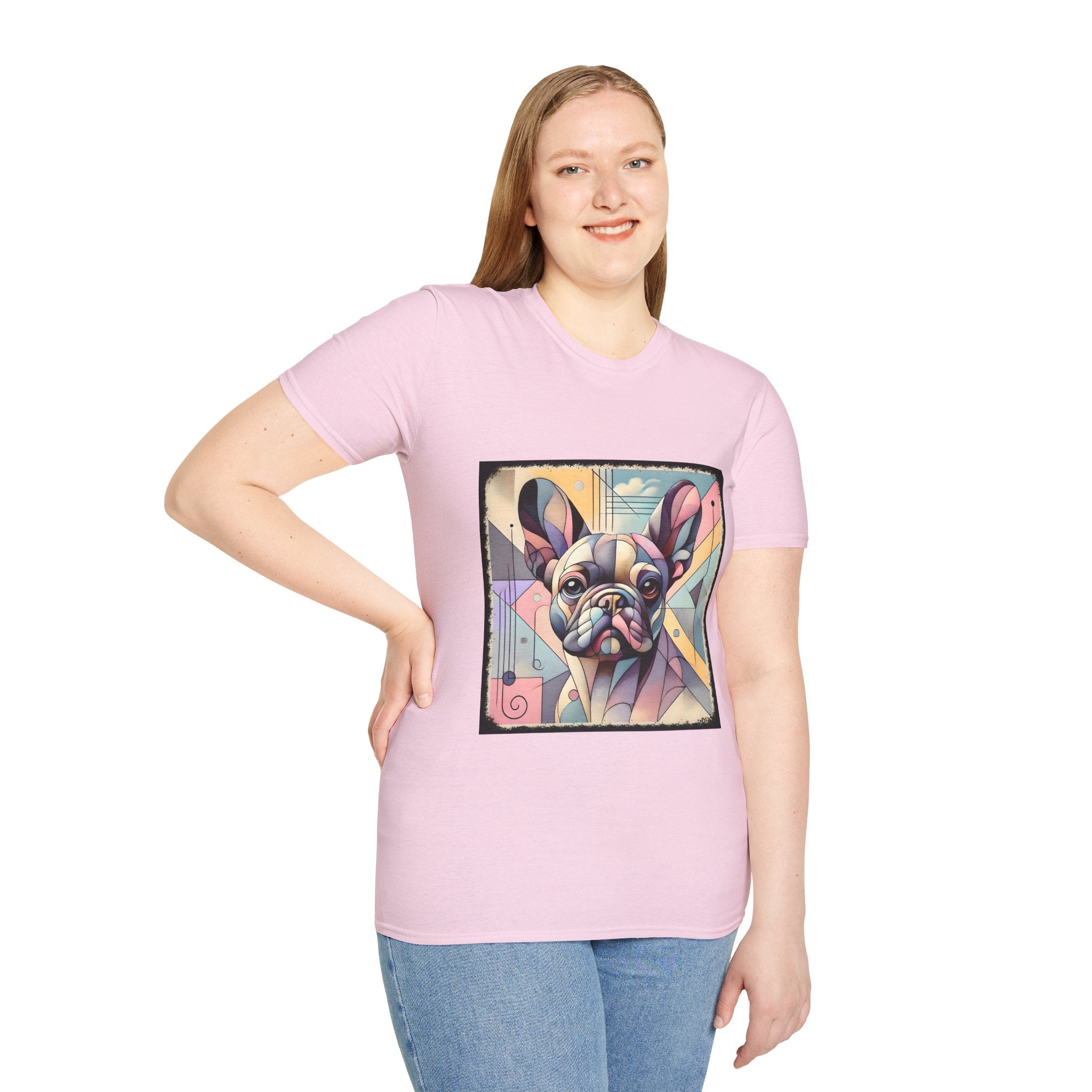 Female model in light pink shirt with Cubism-style French Bulldog design in soft pastel colors and abstract shapes.
