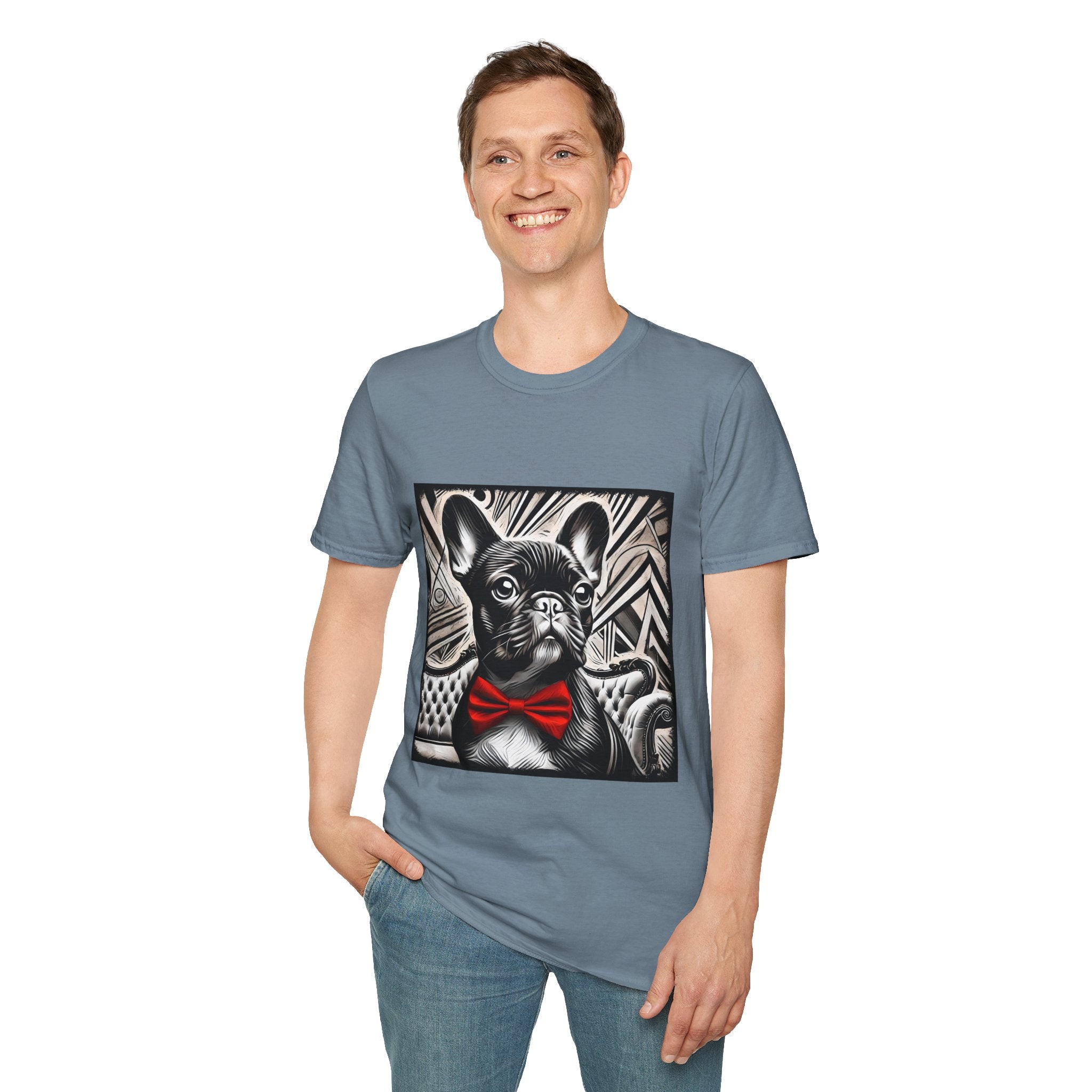 Male model in stone blue dog t-shirt featuring a black and white French Bulldog with a bold red bow tie and art deco backdrop.