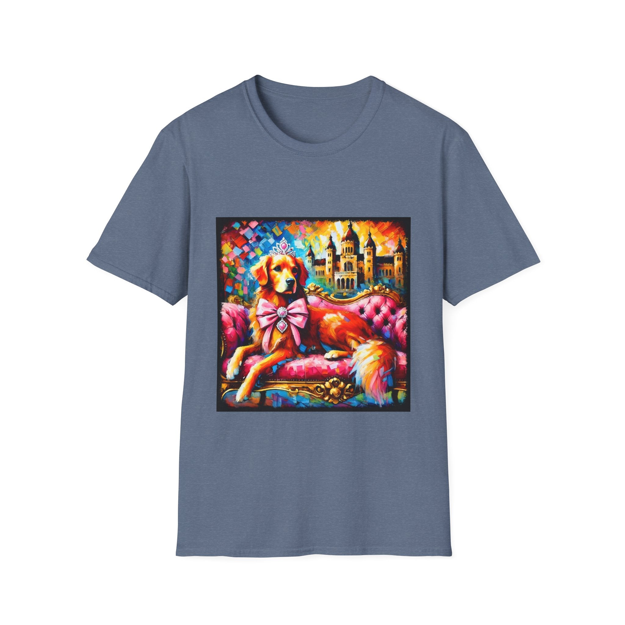 Heather indigo dog t-shirt featuring golden retriever princess on pink settee with tiara and castle backdrop.