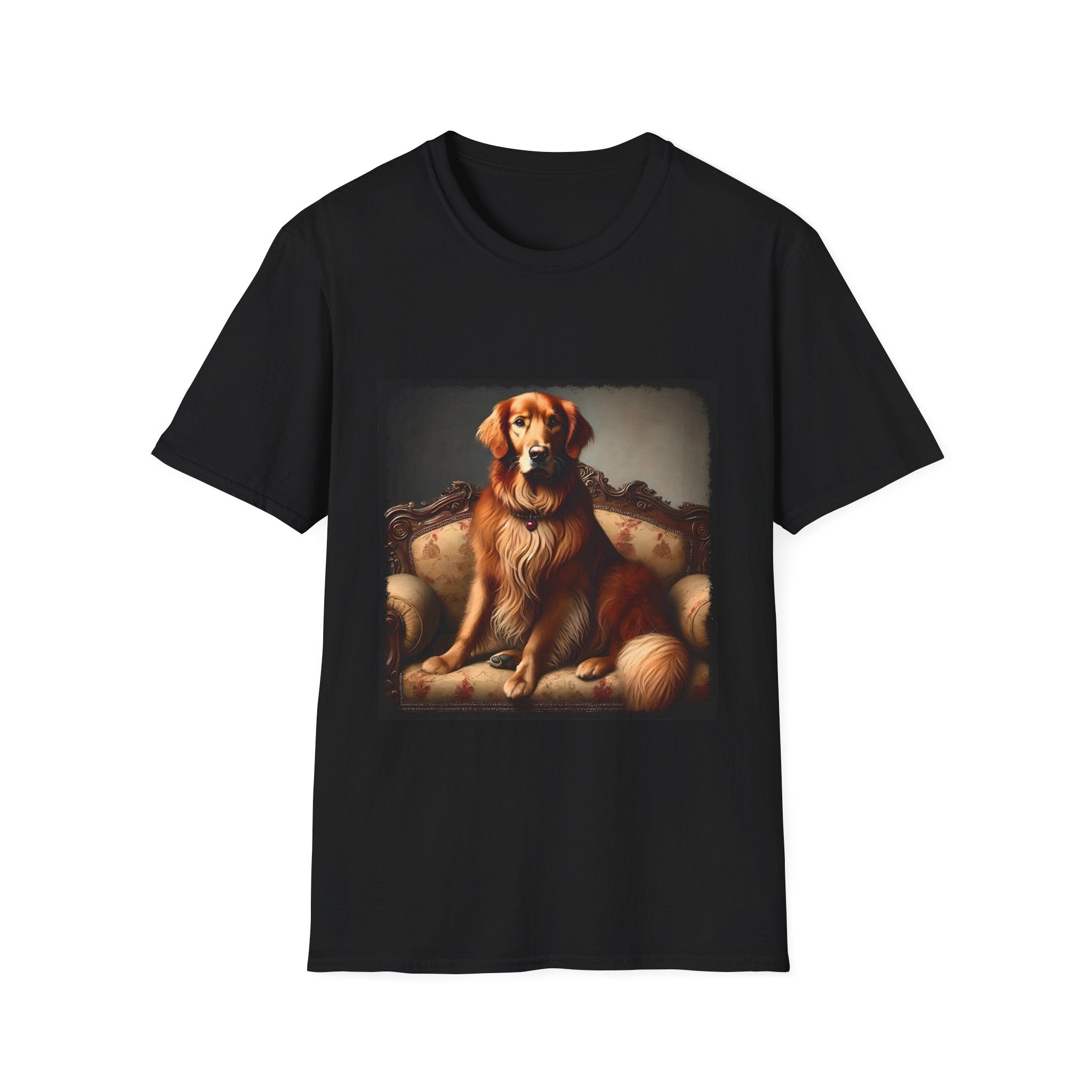 Black dog t-shirt featuring golden retriever on ornate settee with long fur and classic red tones.