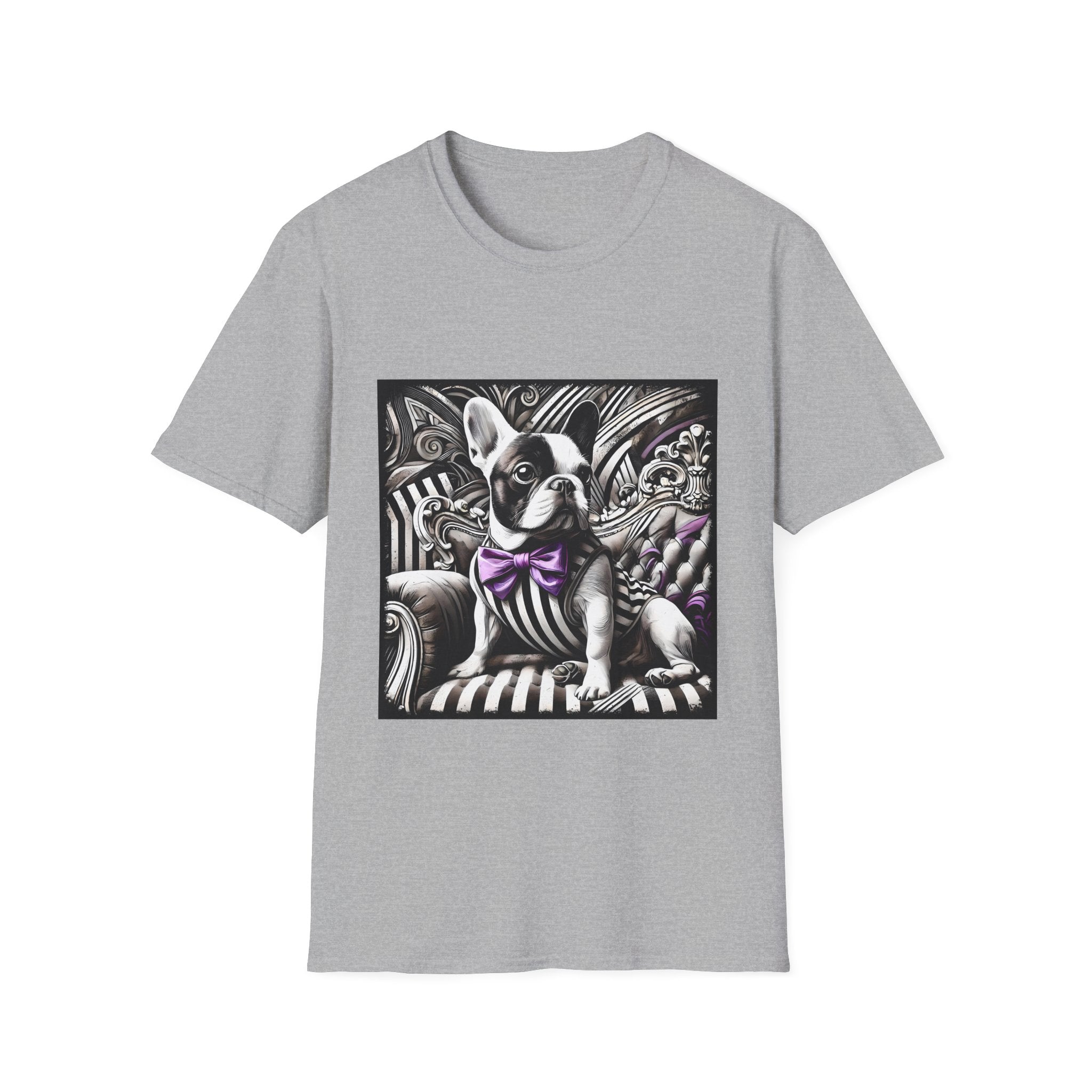 Sport gray dog t-shirt with French Bulldog in striped suit, purple bowtie, and ornate black swirl backdrop.