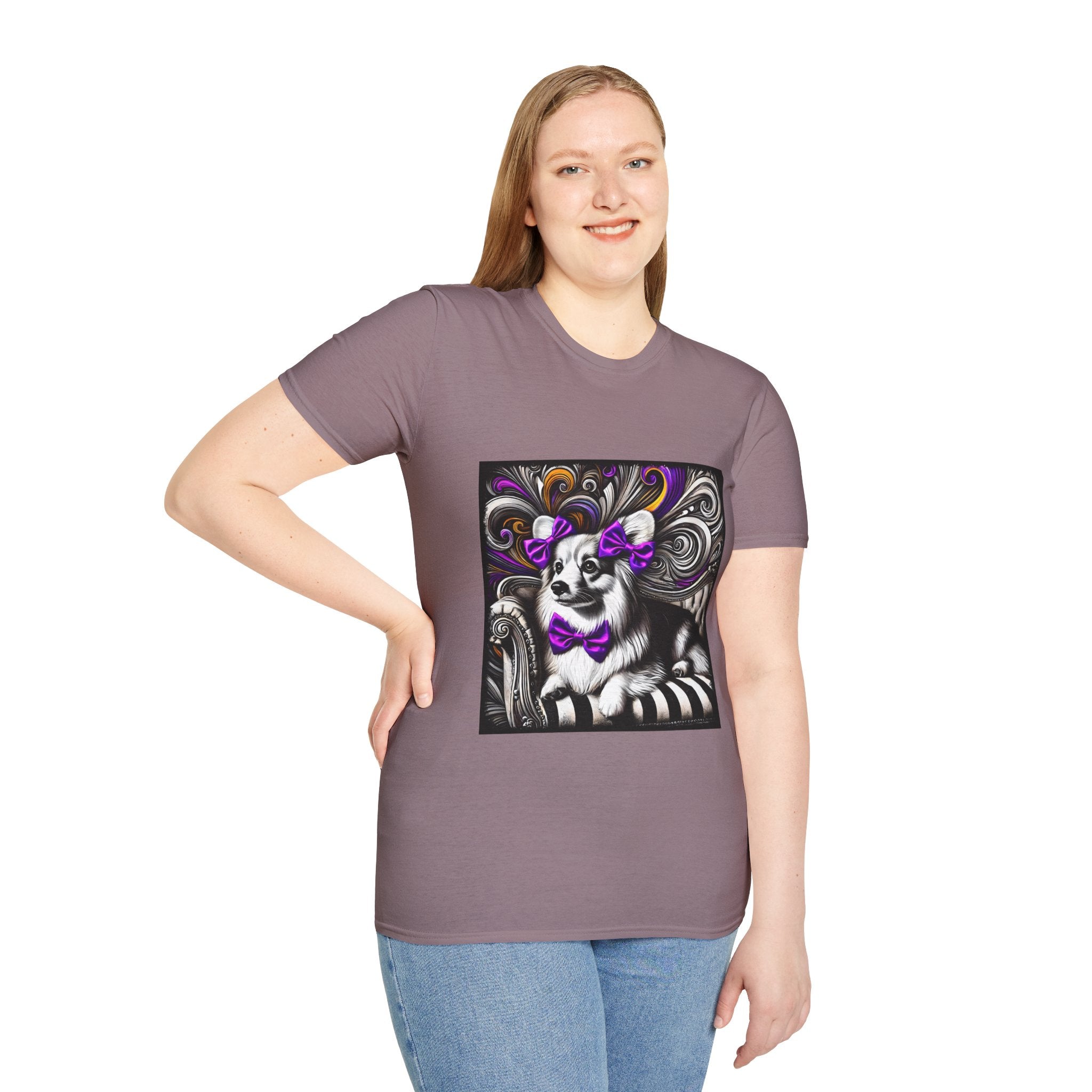 Pembroke Welsh Corgi B&W Purple Bow | Unisex Dog T-Shirt