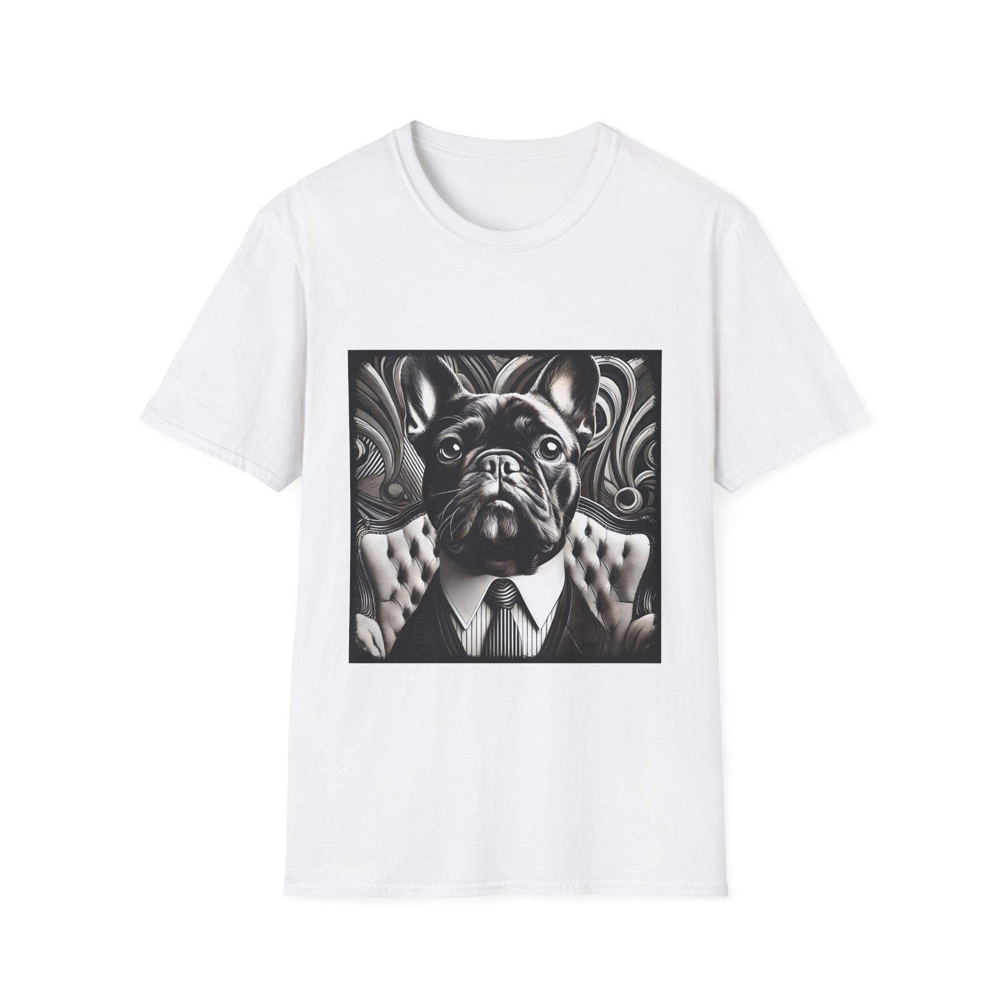 White dog t-shirt featuring black French Bulldog in suit with swirl background, monochrome style.