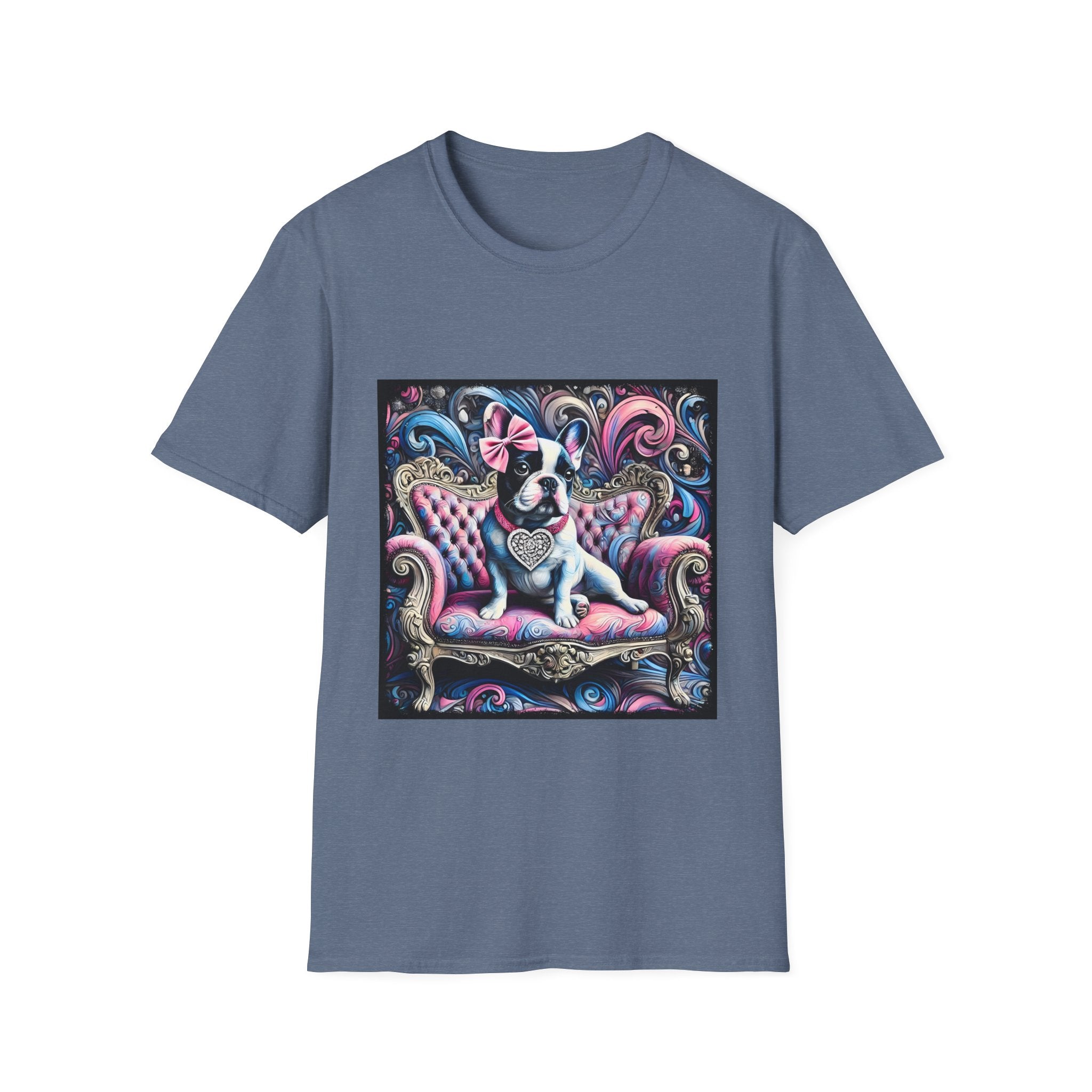 Heather indigo dog t-shirt featuring a black and white French Bulldog with a pink bow, seated on a tufted pink and gold settee against a swirling blue, pink, and purple expressionist-style background.