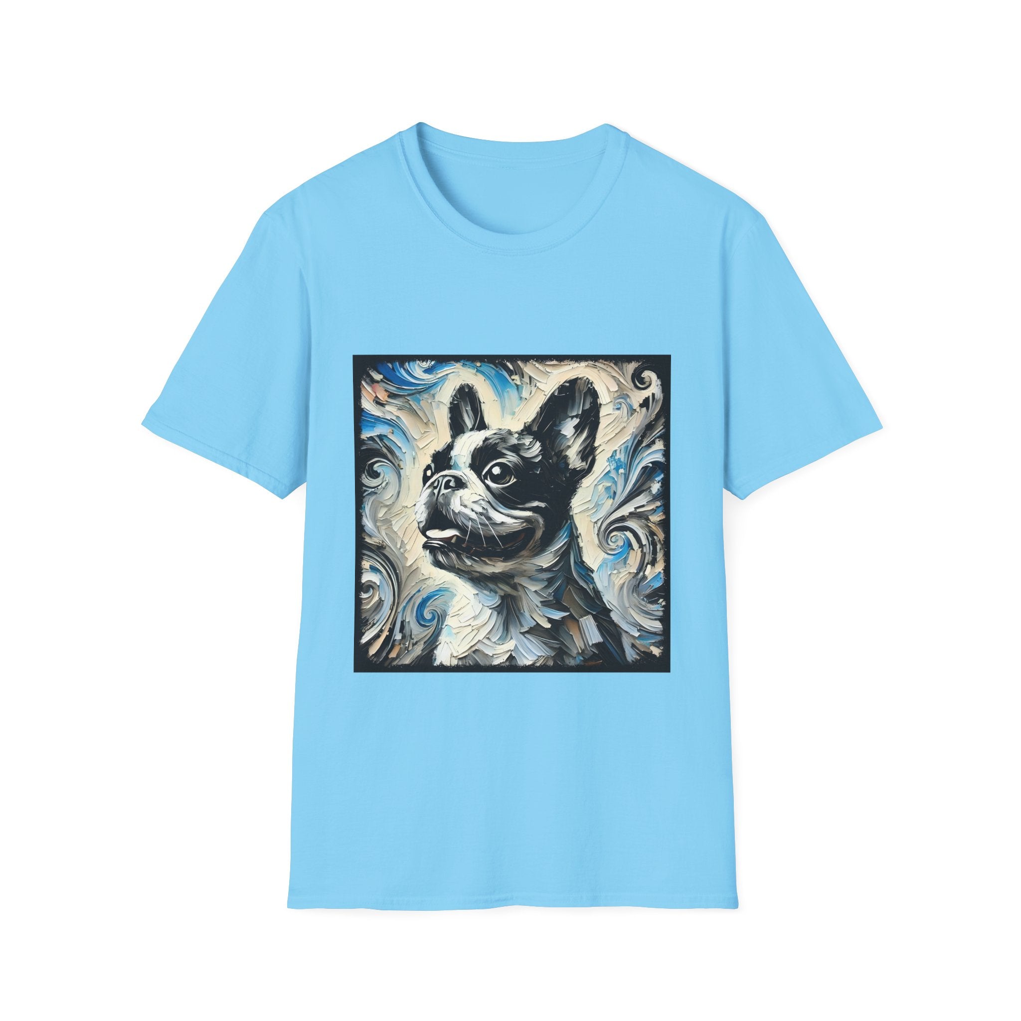 Sky Blue dog t-shirt with black and white French Bulldog portrait on swirl-patterned vintage background.
