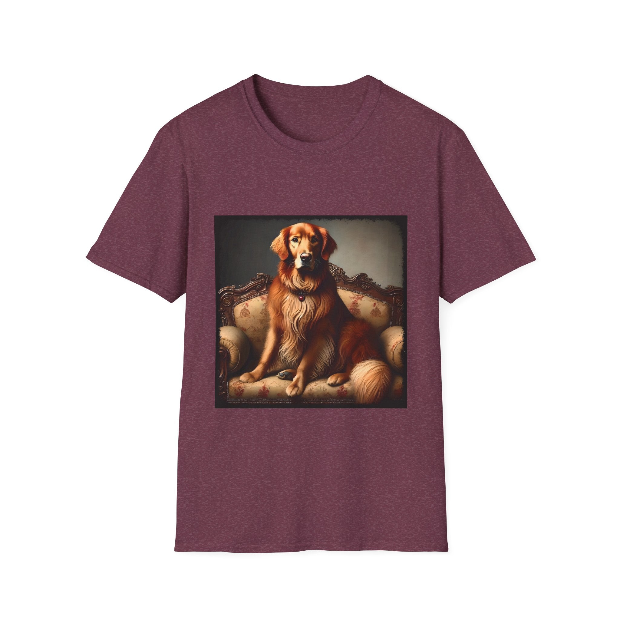 Heather maroon dog t-shirt featuring golden retriever on ornate settee with long fur and classic red tones.