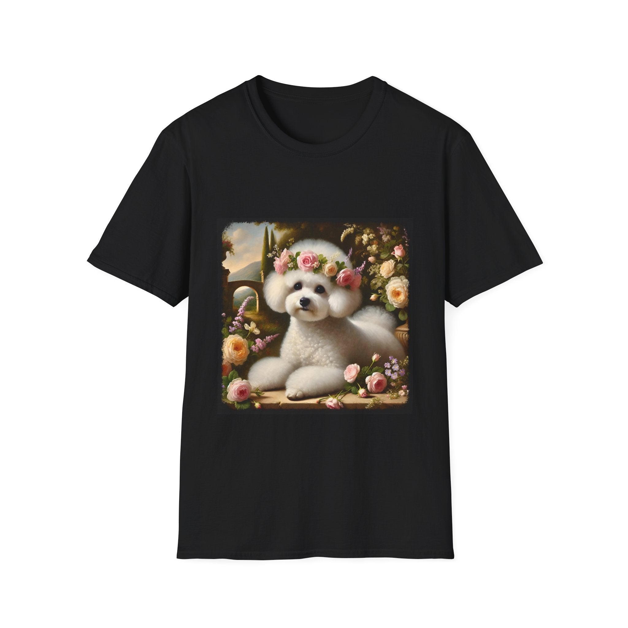 Black t-shirt with a Bichon Frise wearing a floral crown design on a white background