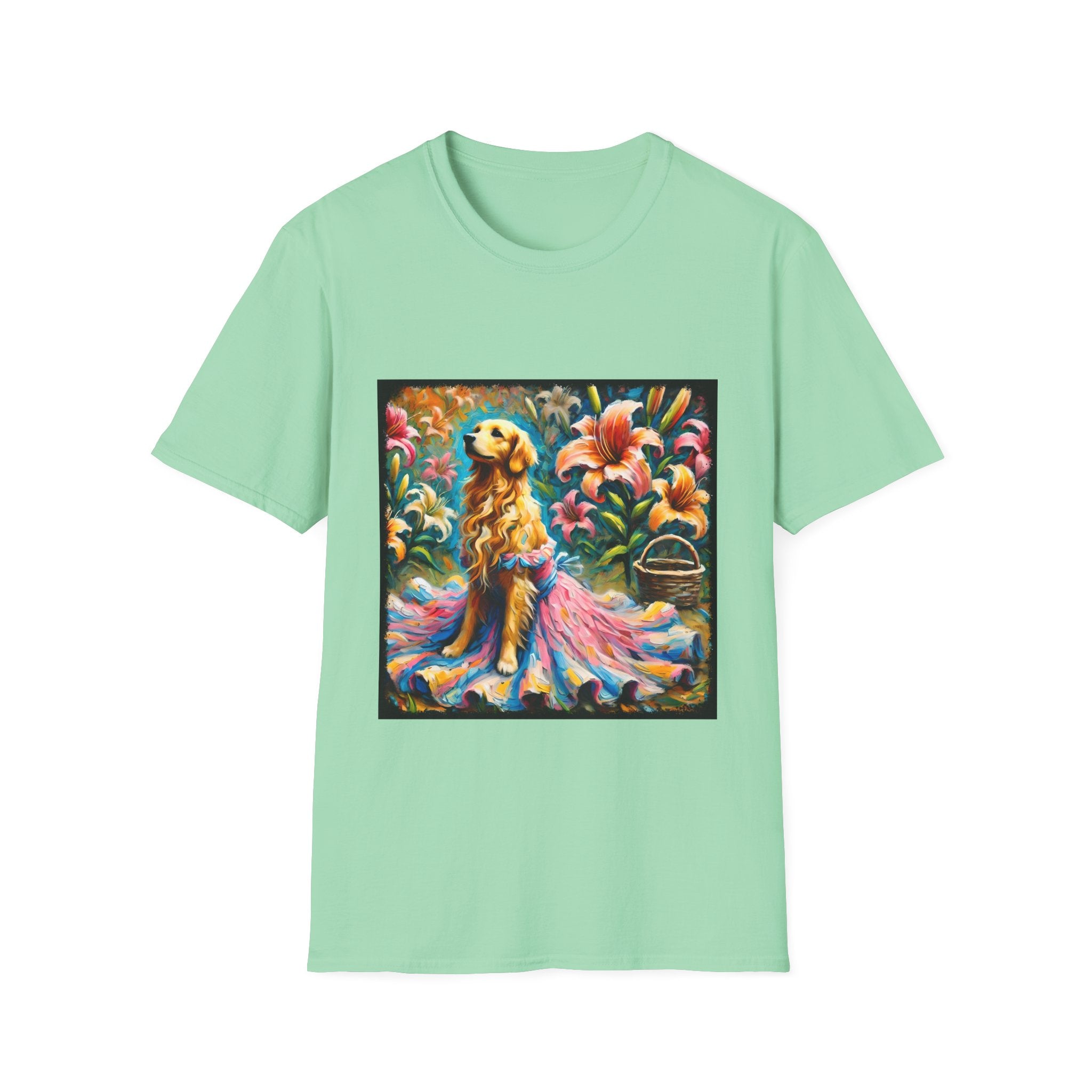 Mint green dog t-shirt featuring golden retriever in pink-and-purple gown surrounded by vibrant tropical flowers.