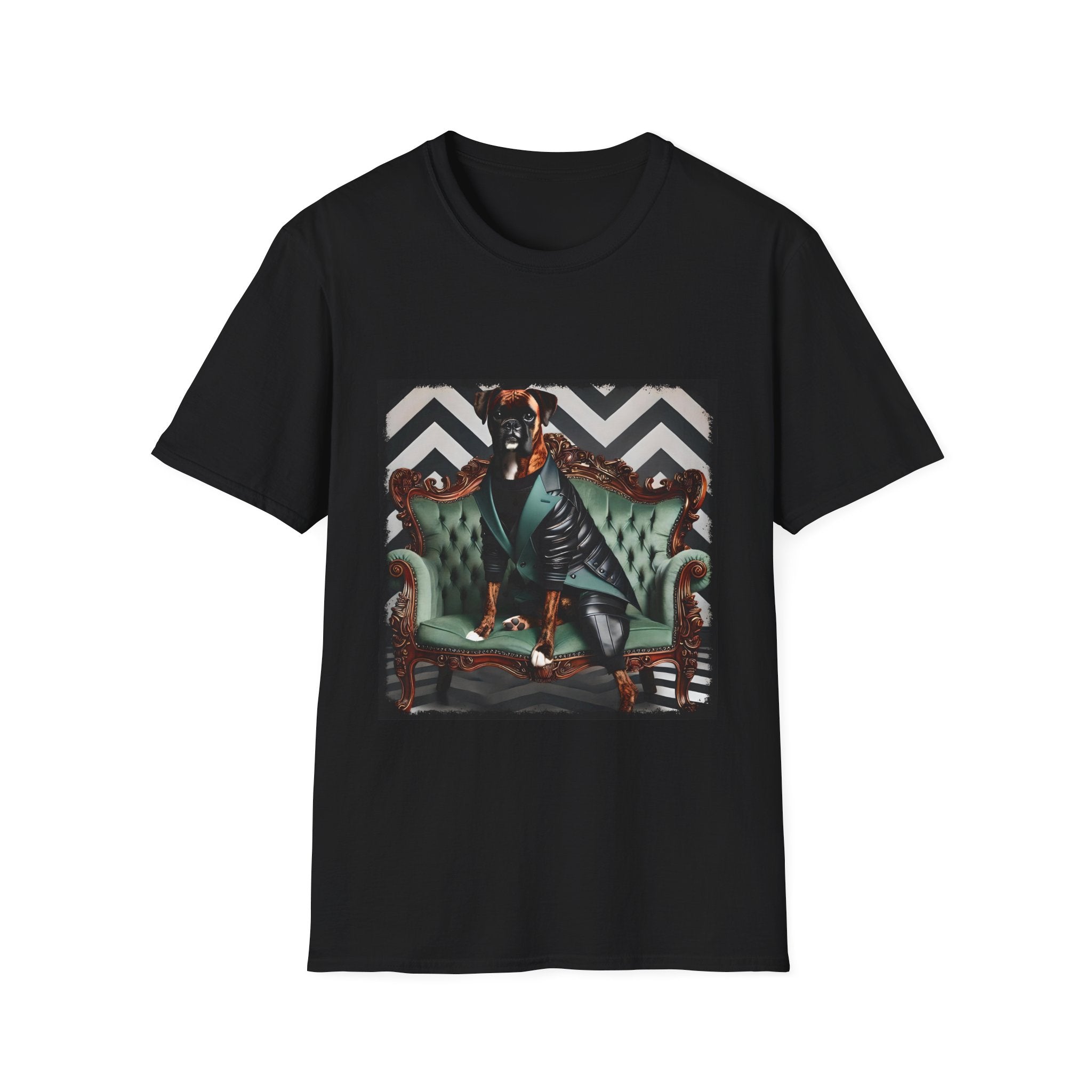 Black dog t-shirt featuring a brindle boxer in leather jacket on green settee with chevron wall backdrop.