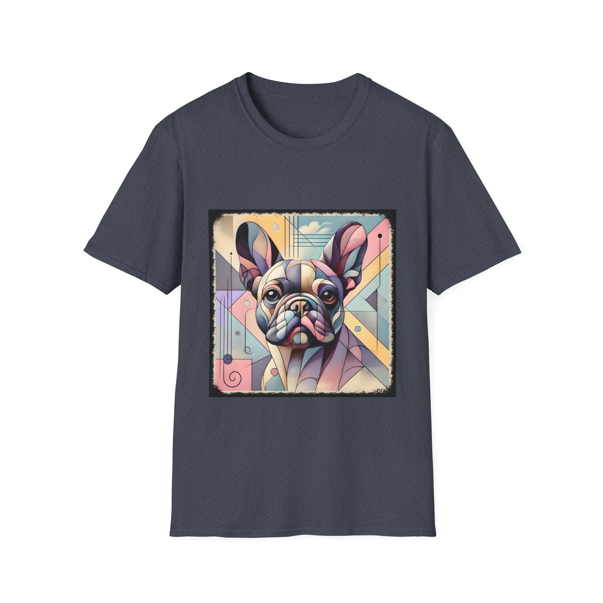 Heather navy shirt with Cubism-style French Bulldog design in soft pastel colors and abstract shapes.