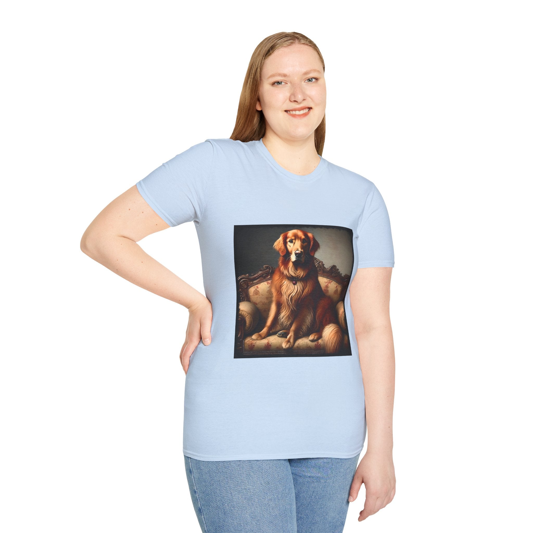 Female model in light blue dog t-shirt featuring golden retriever on ornate settee with long fur and classic red tones.