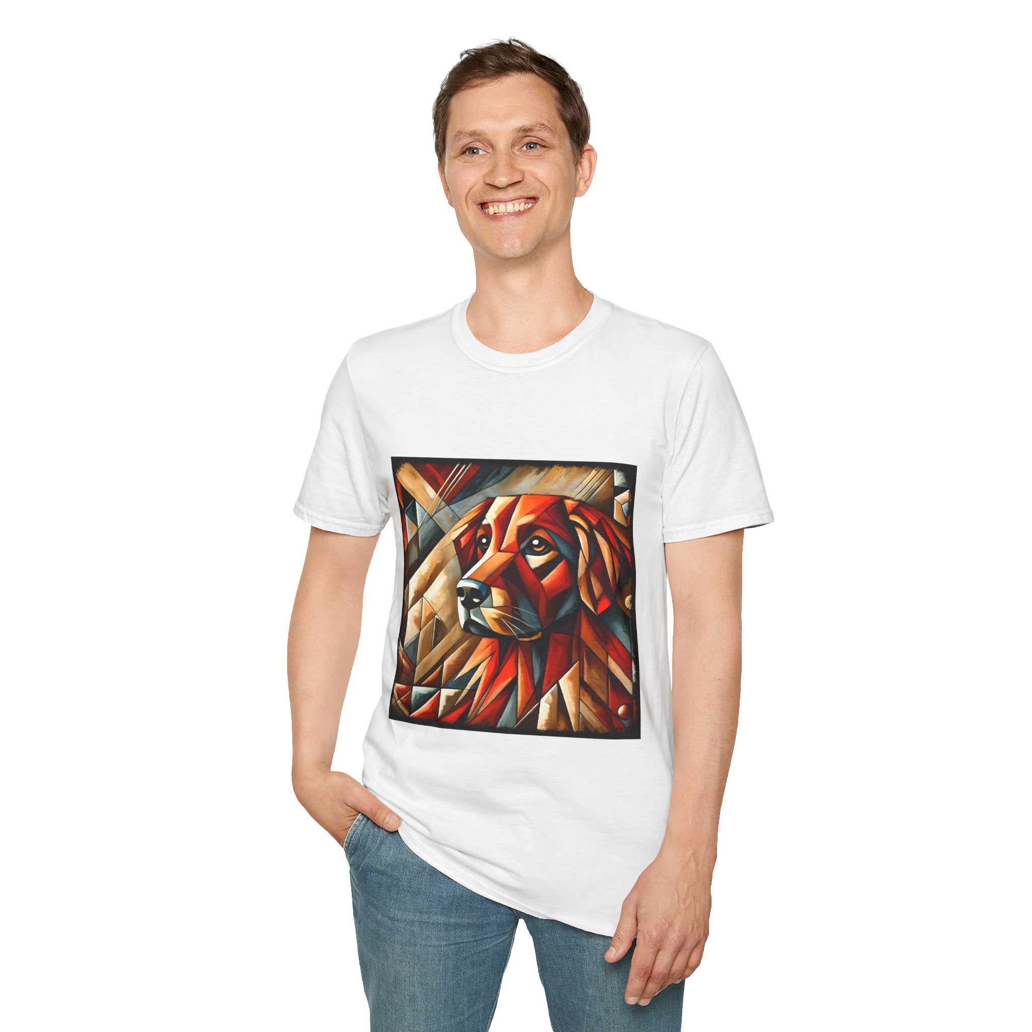 Male standing in white dog t-shirt featuring red geometric golden retriever portrait in cubist style with bold angles.