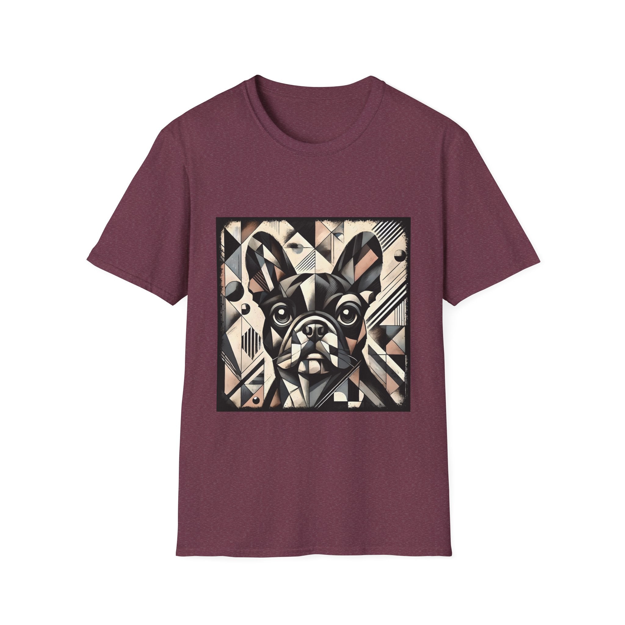 Heather maroon dog t-shirt featuring geometric French Bulldog in cubist tones of black, beige, cream, and soft blush.
