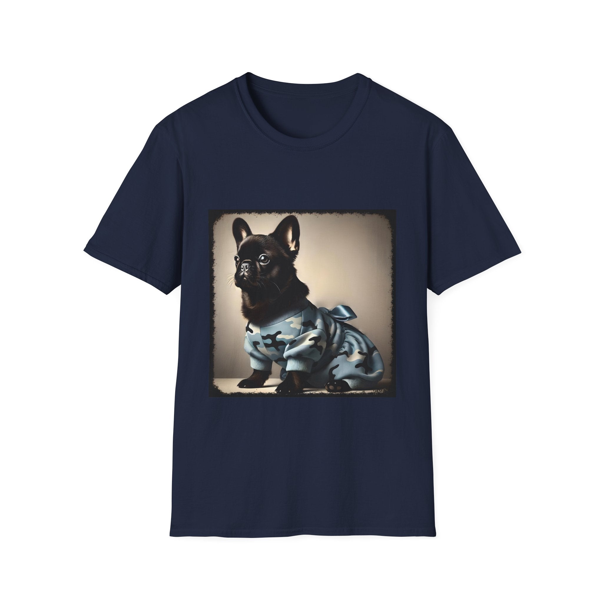 Navy Blue dog t-shirt featuring black French Bulldog in blue camo outfit with bow, set in soft vintage portrait.