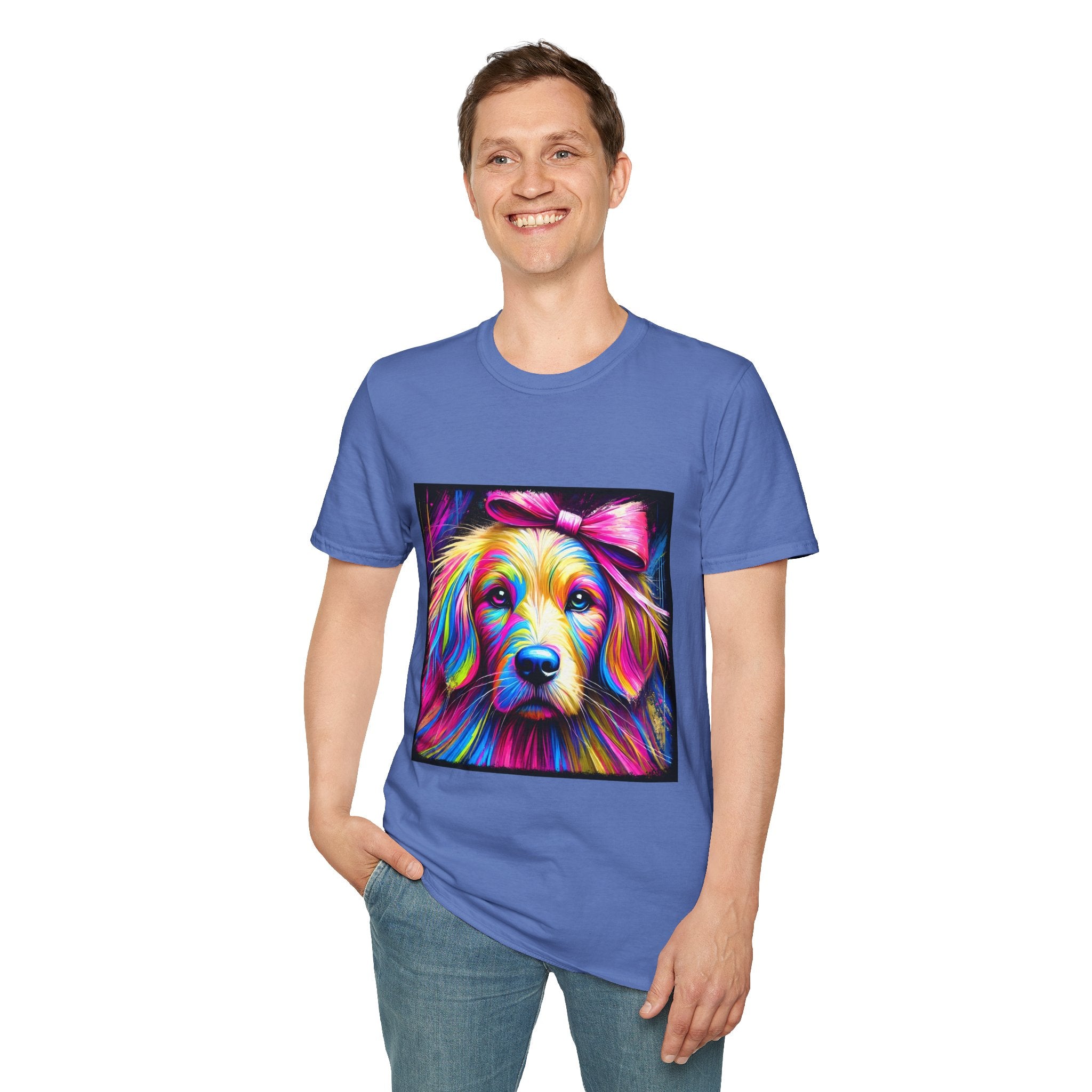 Male model in cornflower blue dog t-shirt featuring neon-colored golden retriever with pink bow on vibrant electric abstract backdrop.