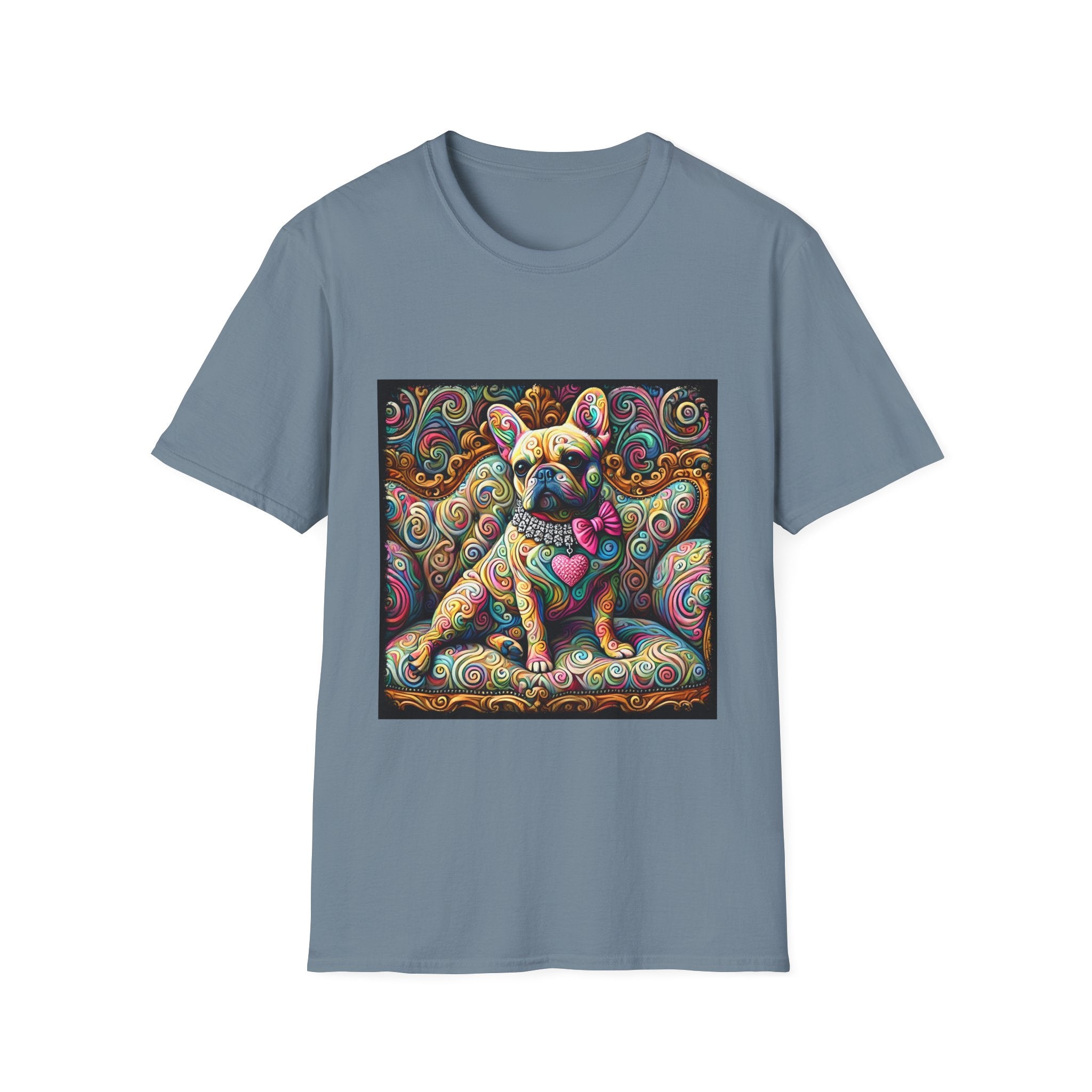 Stone blue dog t-shirt featuring a tan French Bulldog with pink bow and heart on a vivid rainbow swirl couch.