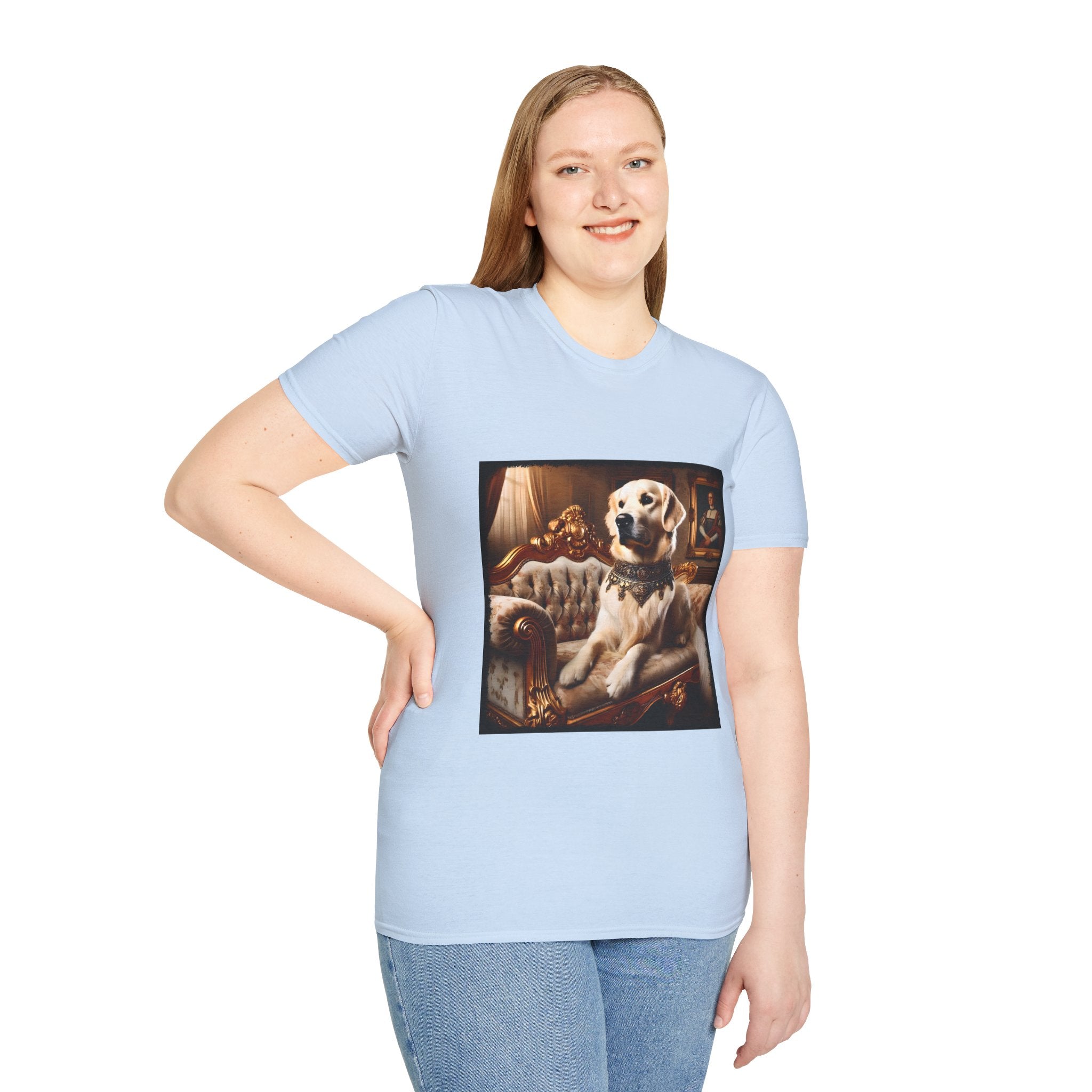 Female model in light blue dog t-shirt featuring golden retriever in jeweled collar on ornate cream and gold settee, regal setting.