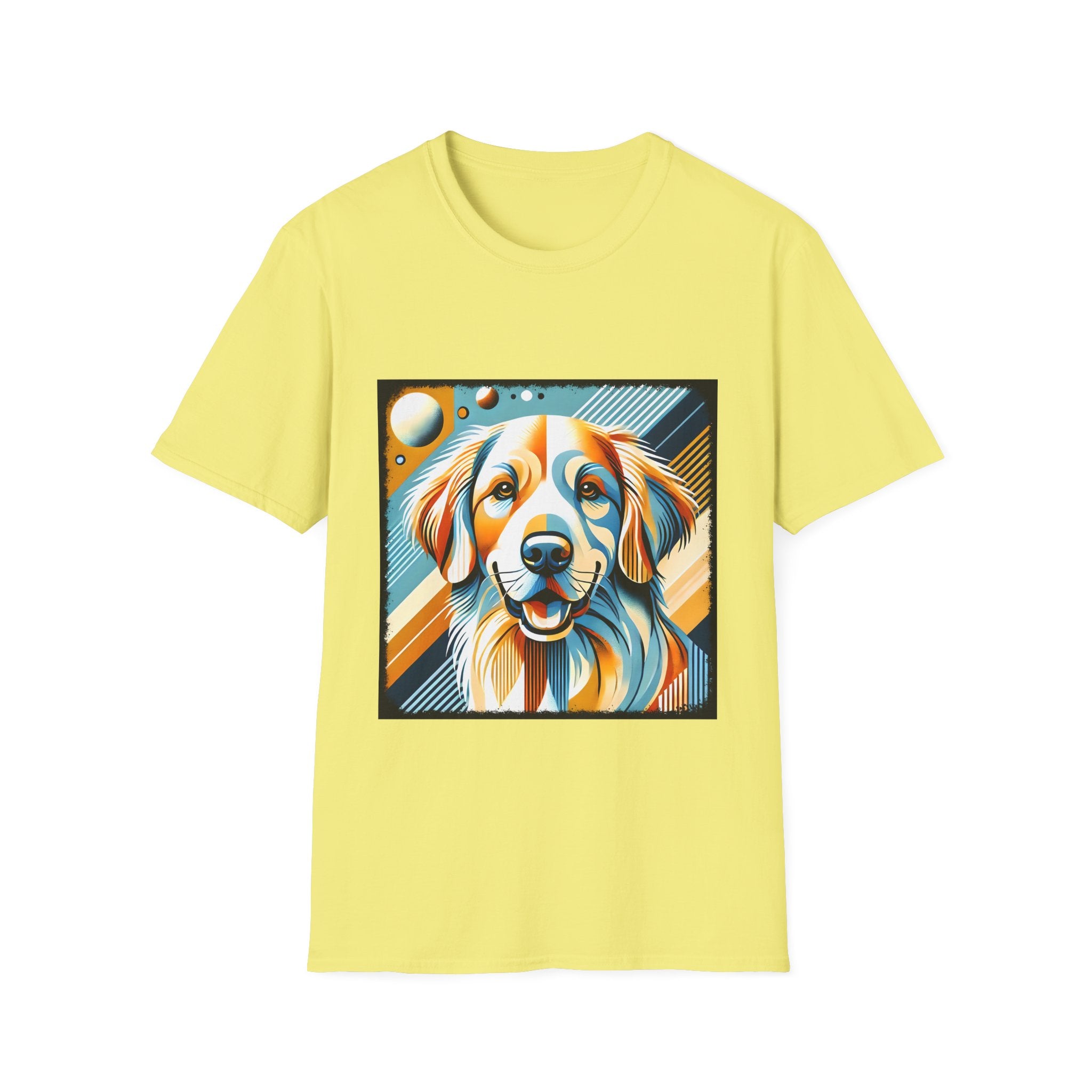 Yellow dog t-shirt featuring smiling golden retriever in abstract pop style with blue, orange, and cream tones.
