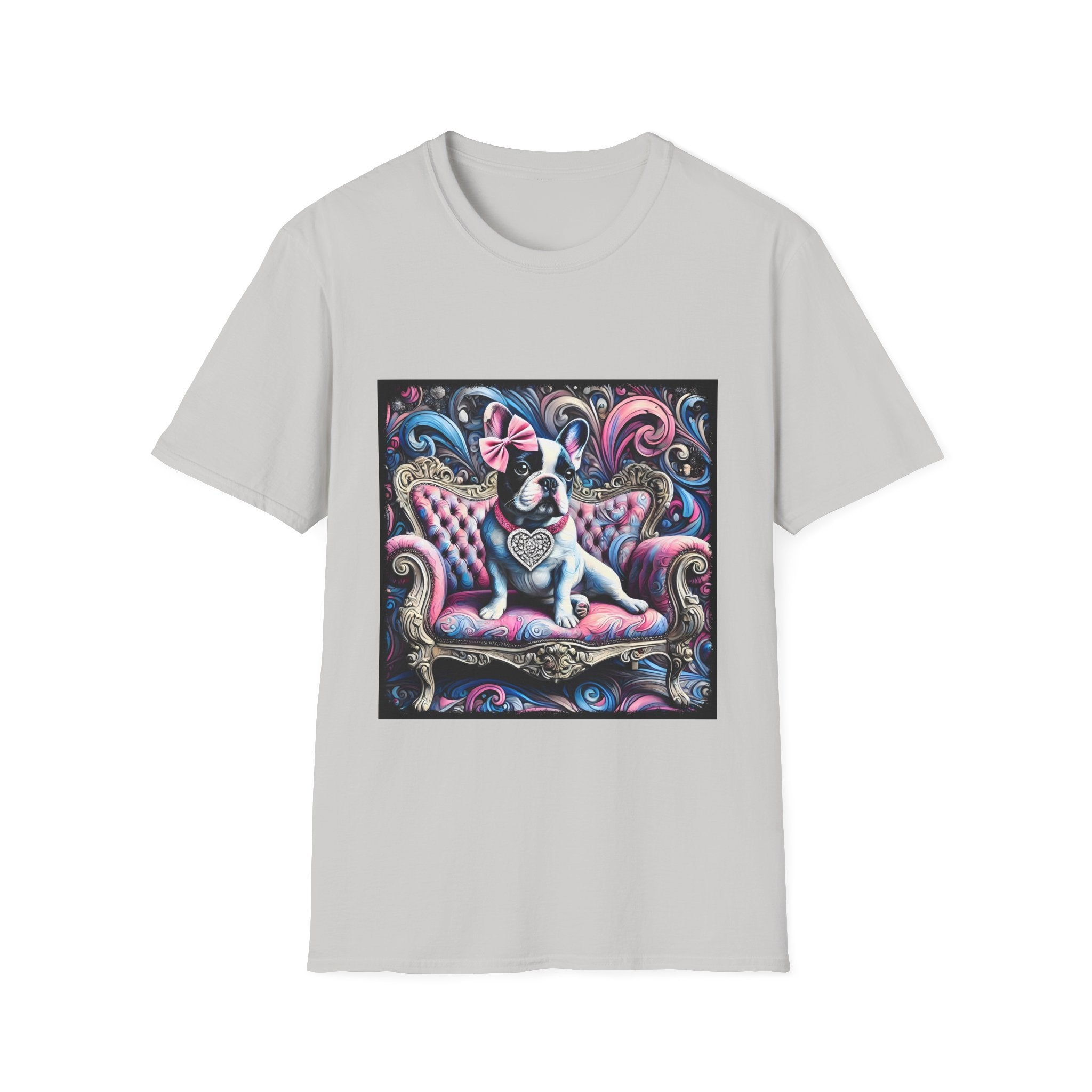 Ice gray dog t-shirt featuring a black and white French Bulldog with a pink bow, seated on a tufted pink and gold settee against a swirling blue, pink, and purple expressionist-style background.