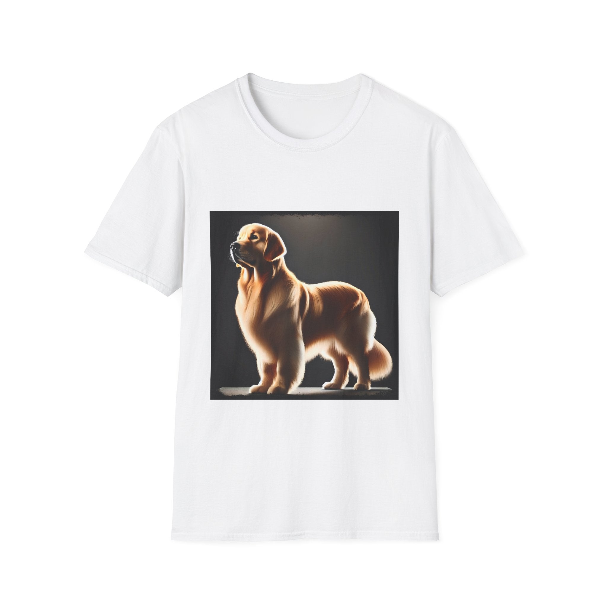 White dog t-shirt with golden retriever standing tall under spotlight on black background.