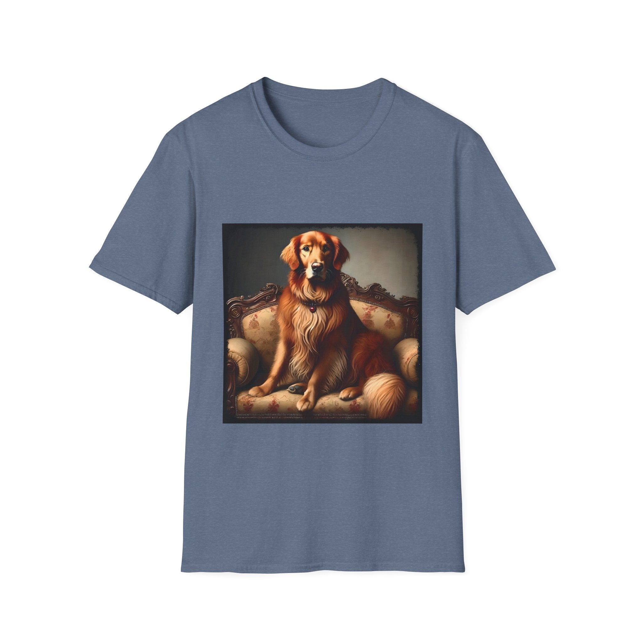 Heather indigo dog t-shirt featuring golden retriever on ornate settee with long fur and classic red tones.