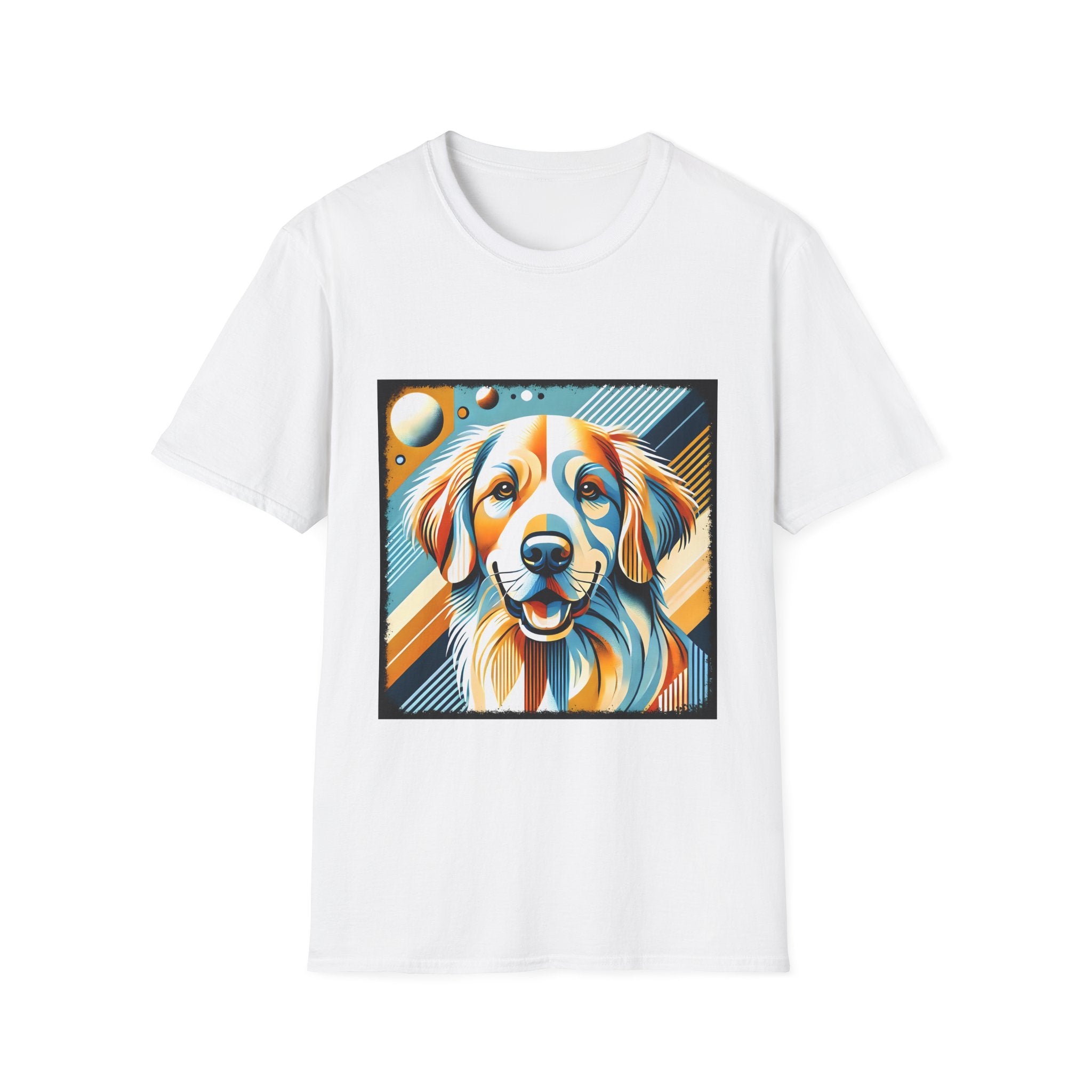 White dog t-shirt featuring smiling golden retriever in abstract pop style with blue, orange, and cream tones.