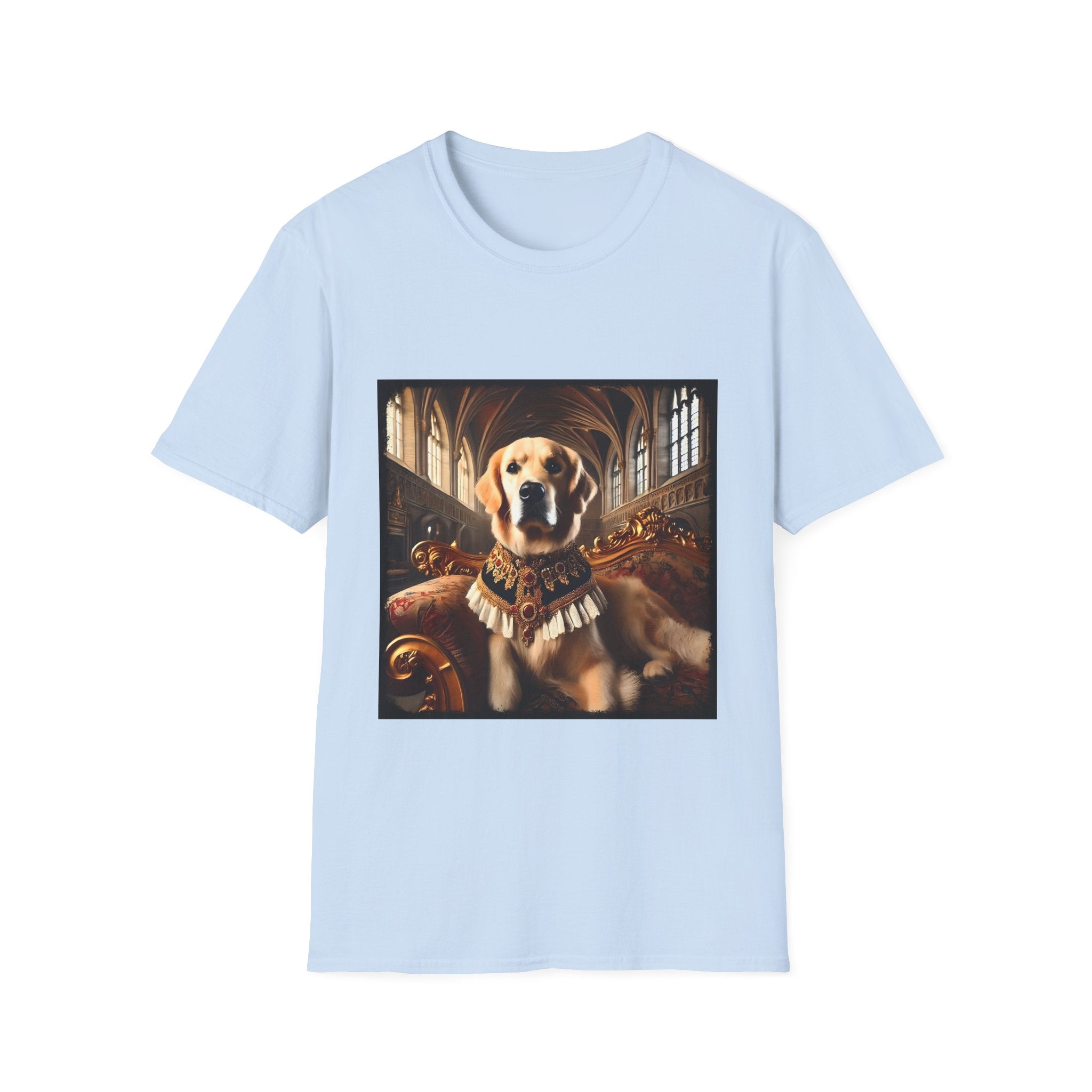 Light blue dog t-shirt featuring golden retriever in royal collar on ornate settee in gothic hall.